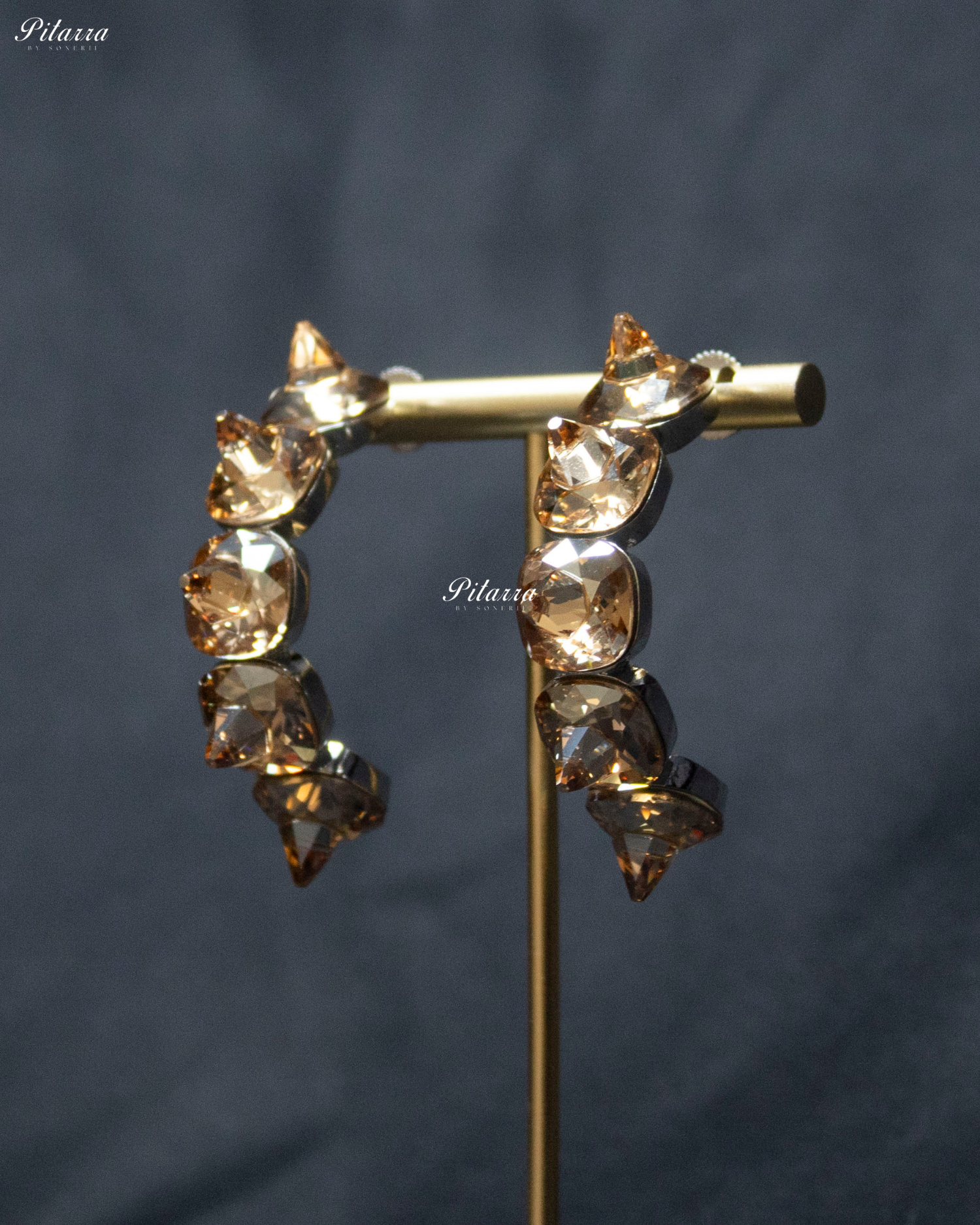 Champagne Color Stone Pyramid Cut Crystal Hoop Earrings