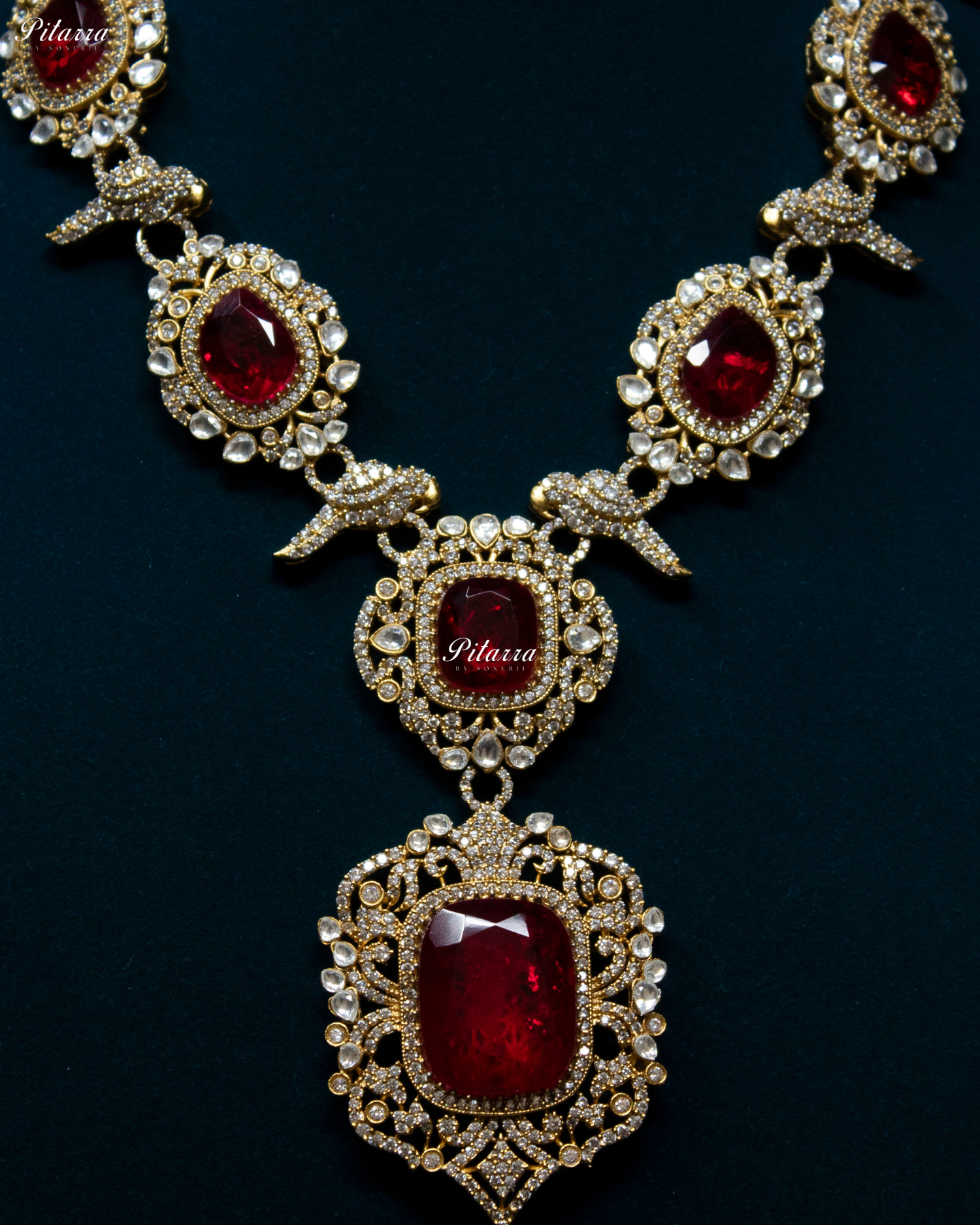 Red Stone Bird Victorian Polki Necklace Set