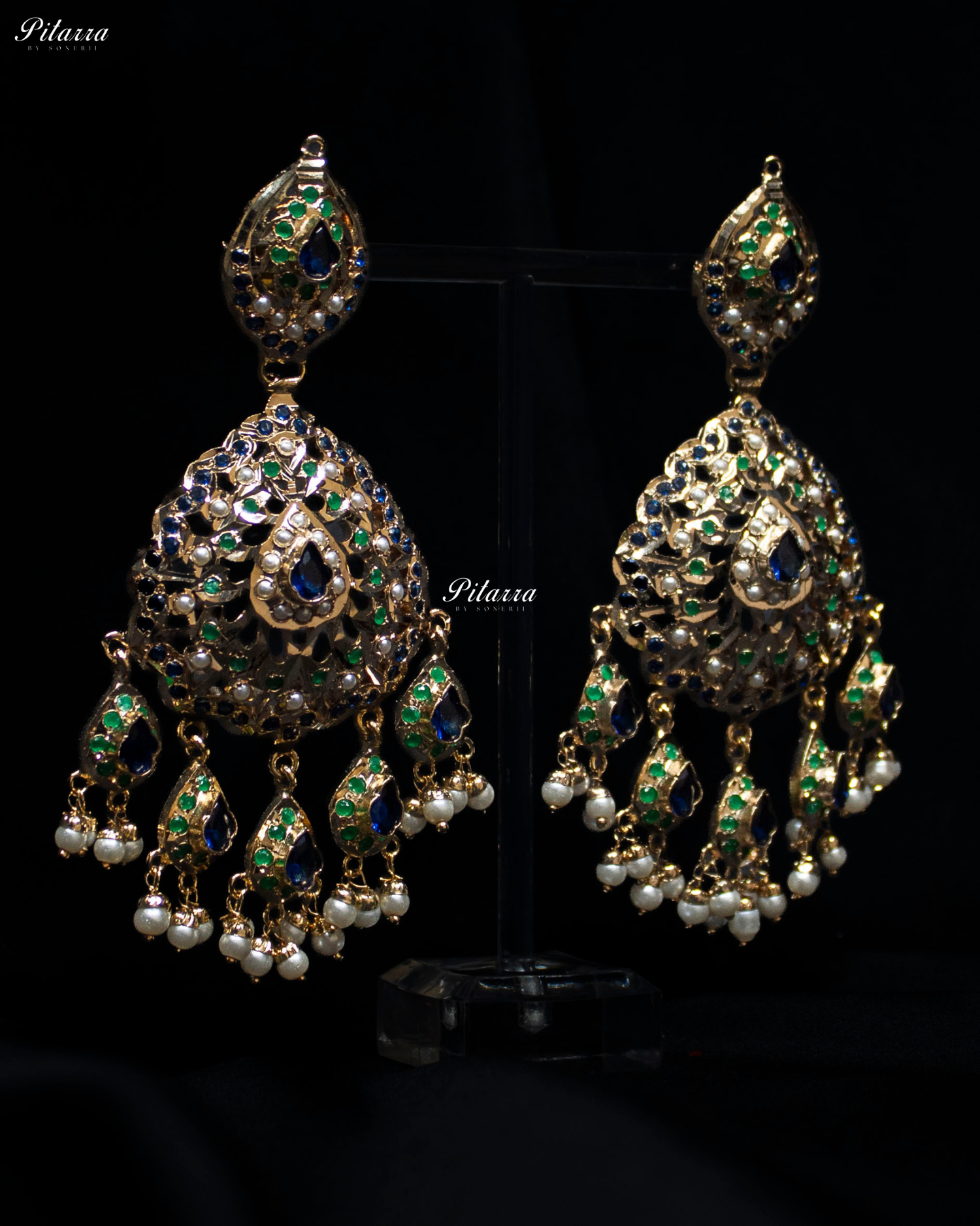 Emerald Blue Studed Stone Handcrafted Chandbali Earrings