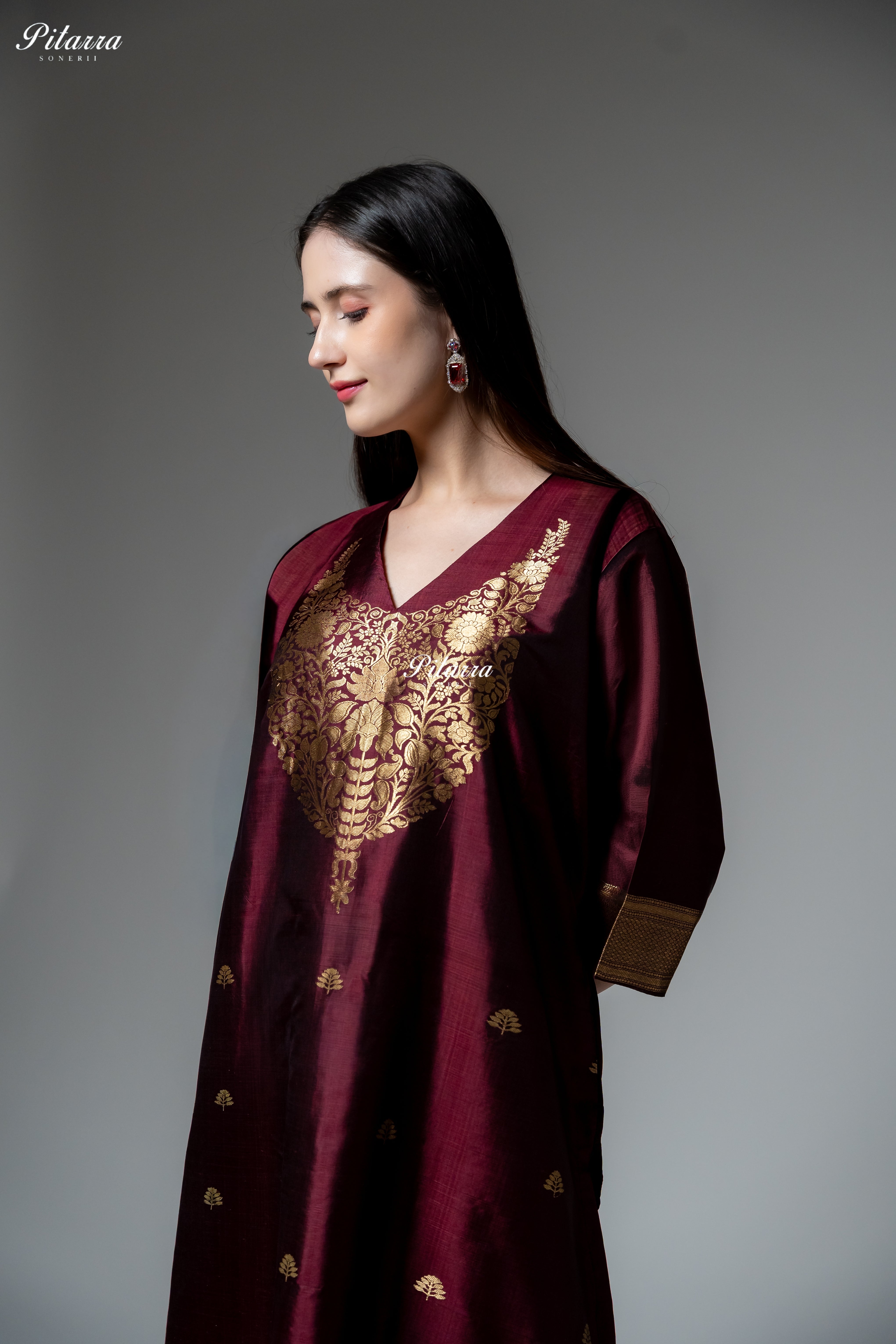 Burgundy Gold Zari Floral Embroidered Kurta Pant Set