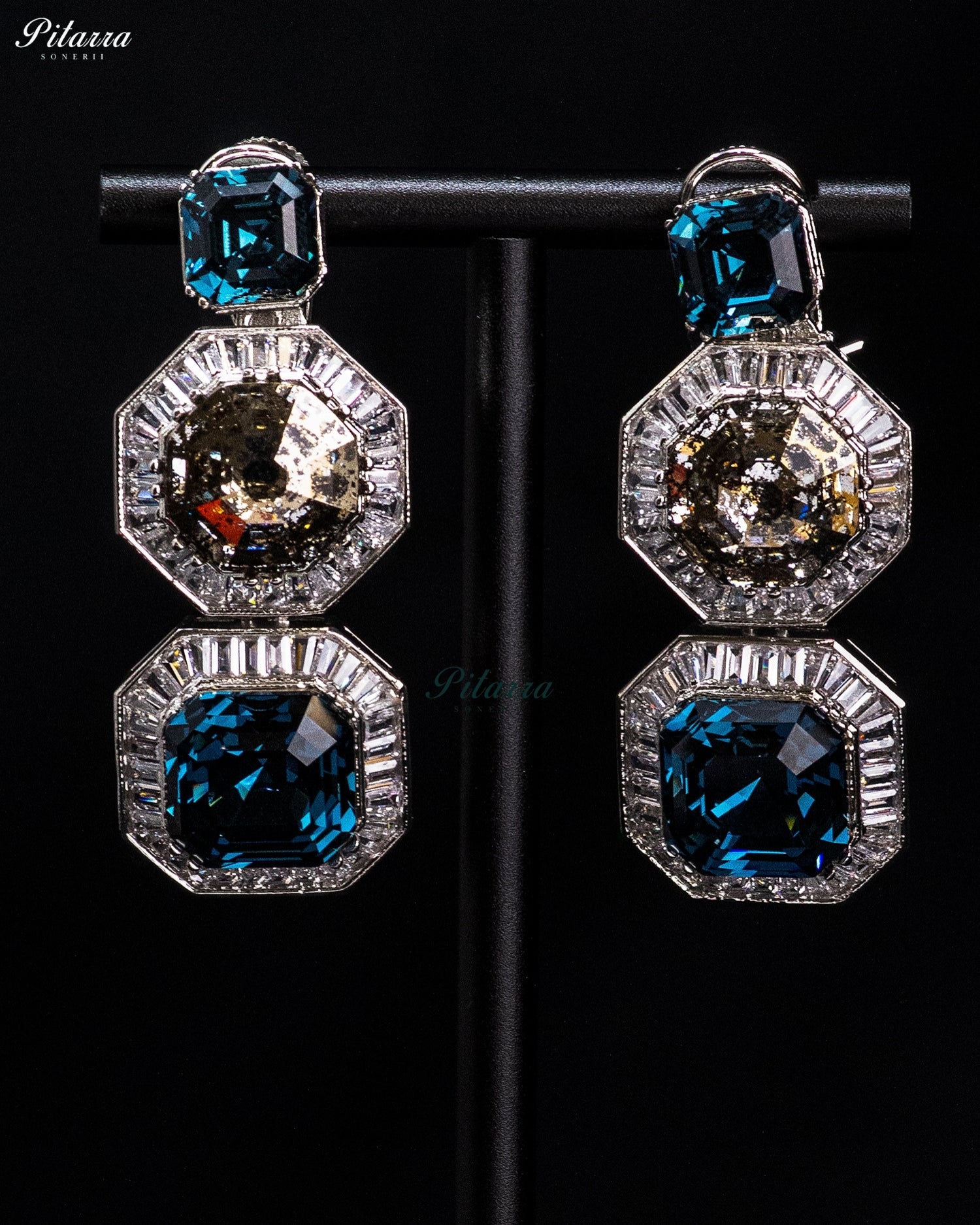 Blue And Gold Crystal Statement Earrings