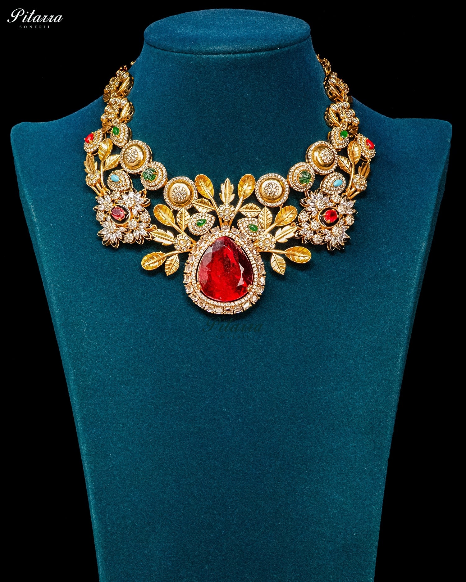 Red Teardrop Floral Kundan Necklace Set