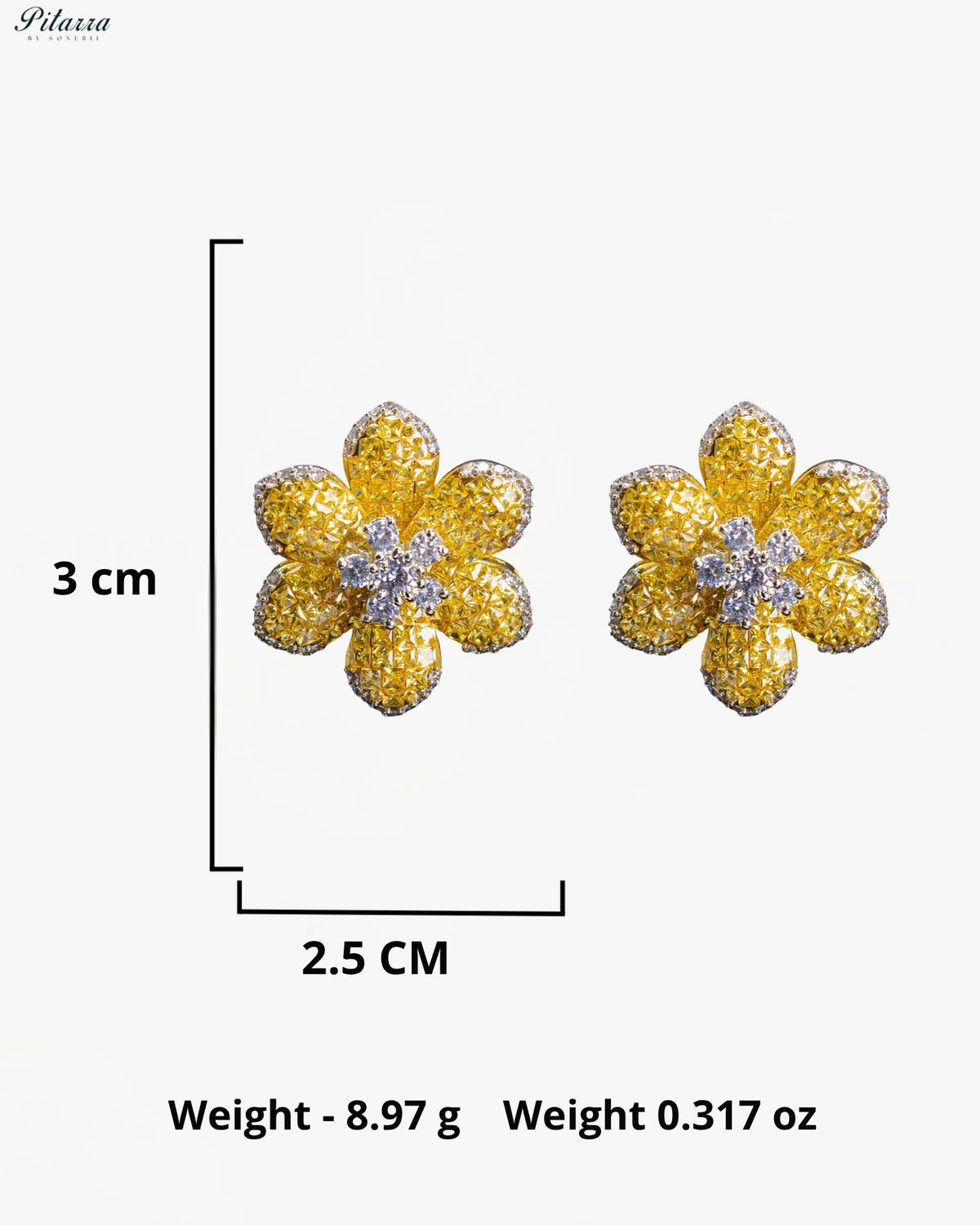 Golden Yellow Crystal Flower Stud Earrings