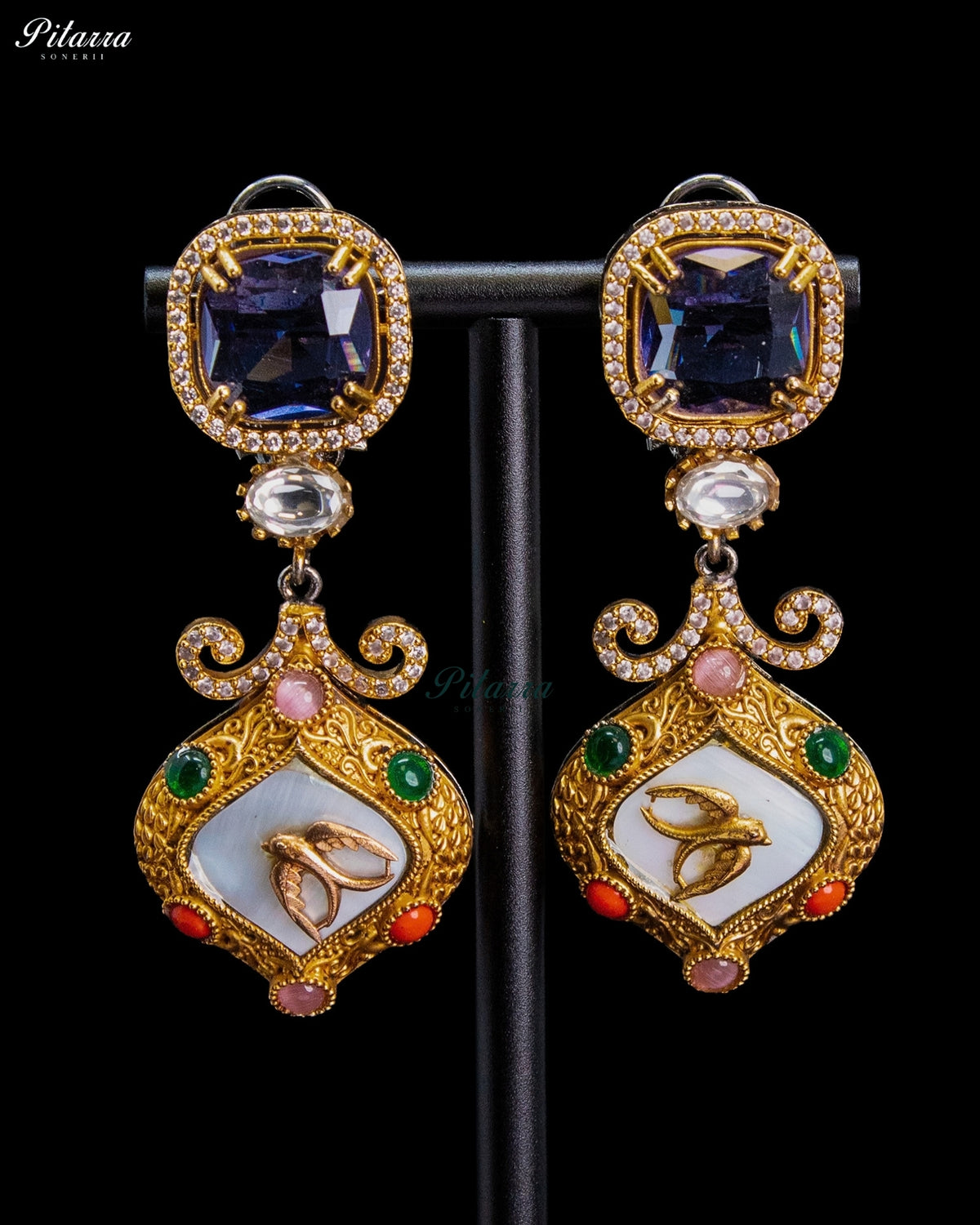 Royal Blue Crystal Kundan Style Gold Tone Designer Traditional Dangler Earrings