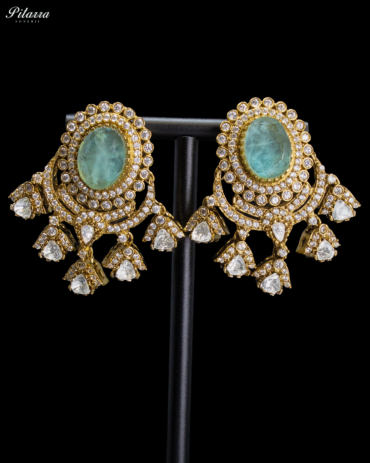 Mint and Clear Kundan-Style Chandbali Statement Earrings
