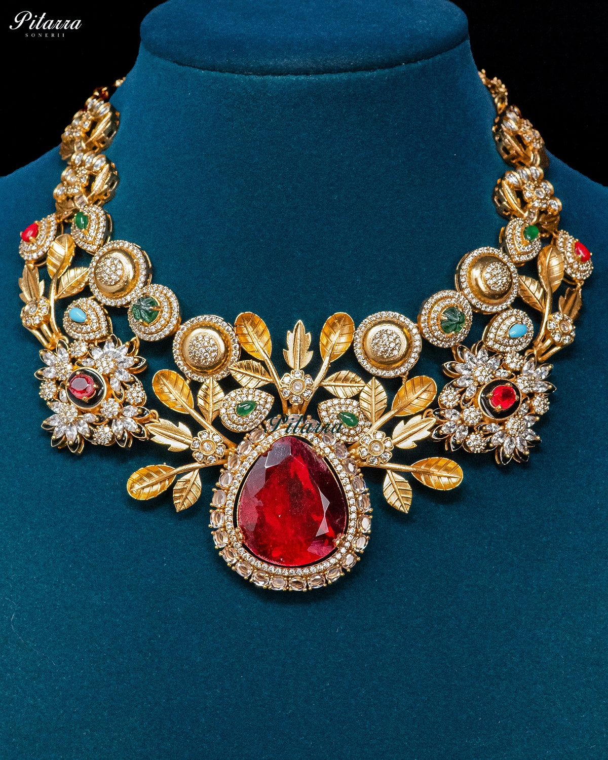 Red Teardrop Floral Kundan Necklace Set