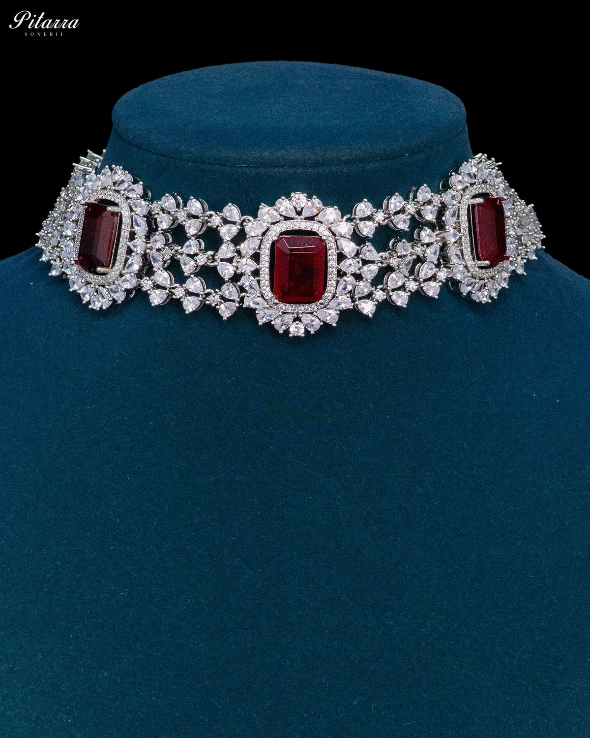 Ruby Red Stone Rectangular Zircon Silver Crystal Choker Necklace Set