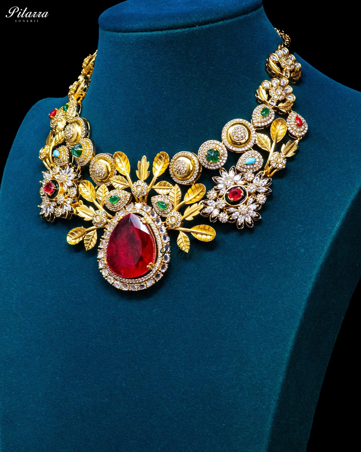 Red Teardrop Floral Kundan Necklace Set