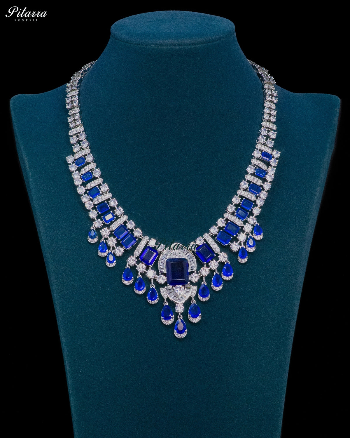 Royal Blue Emerald Cut Stone Zircon Silver Crystal Drop Necklace Set