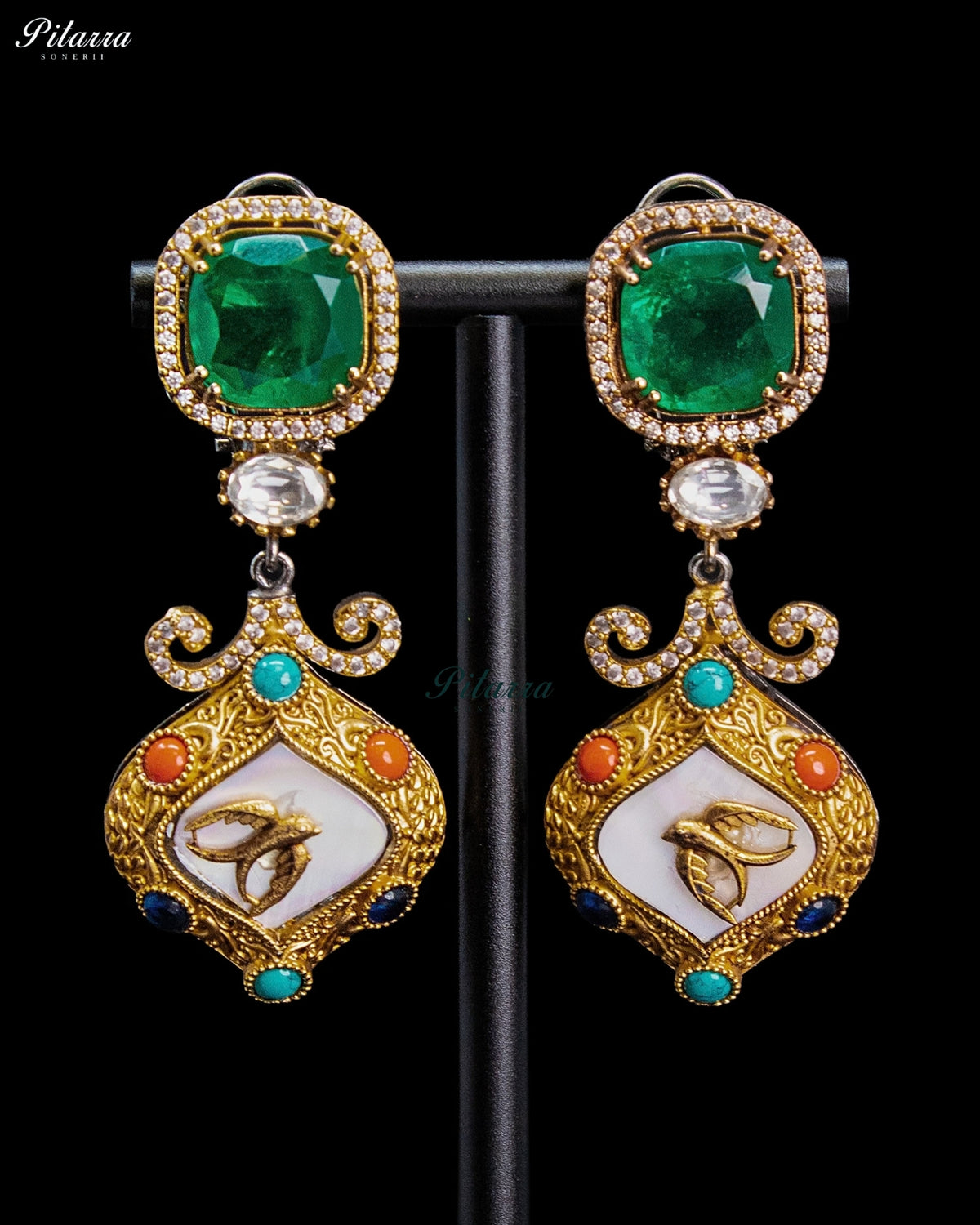 Emerald Green Crystal Kundan Style Gold Tone Traditional Designer Dangler Earrings