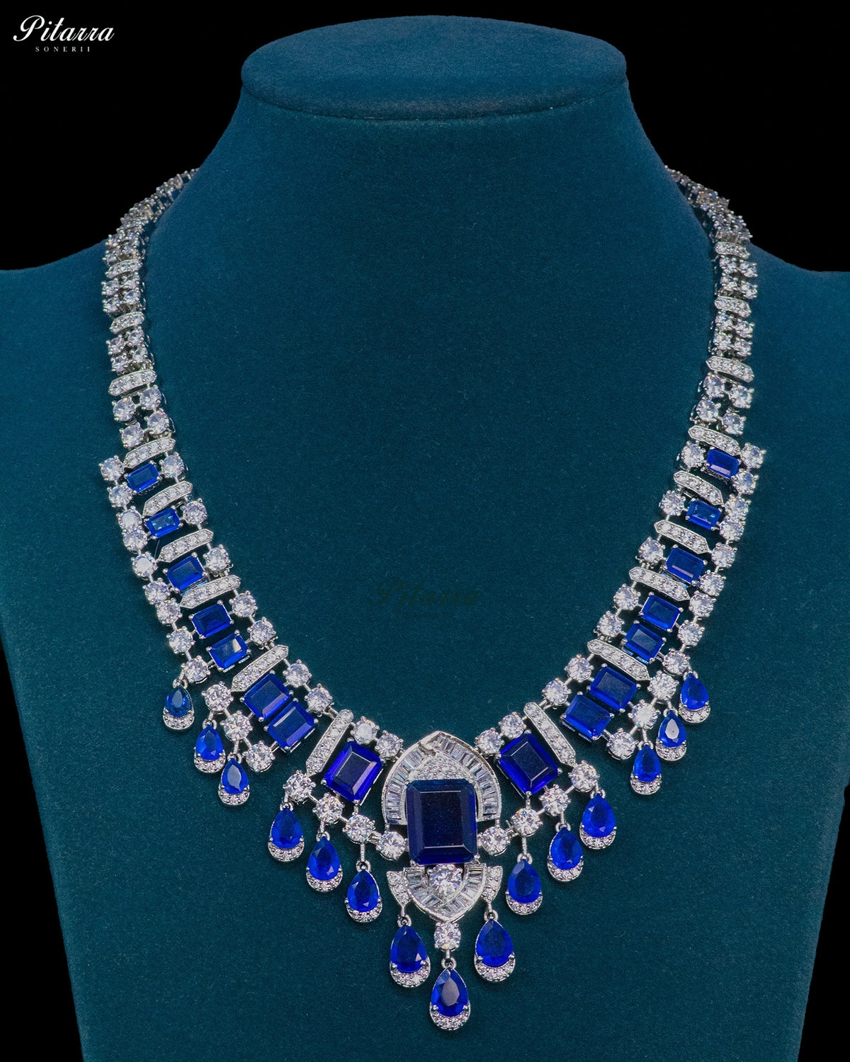 Royal Blue Emerald Cut Stone Zircon Silver Crystal Drop Necklace Set