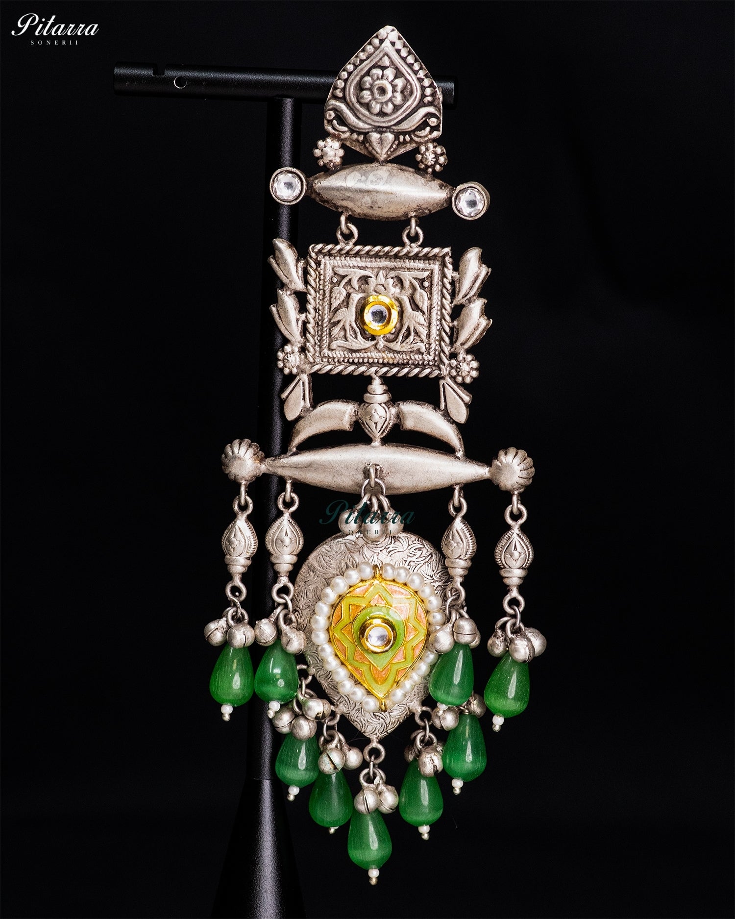 Emerald Droplet Tribal Silver Look-Alike Chandbali Earrings
