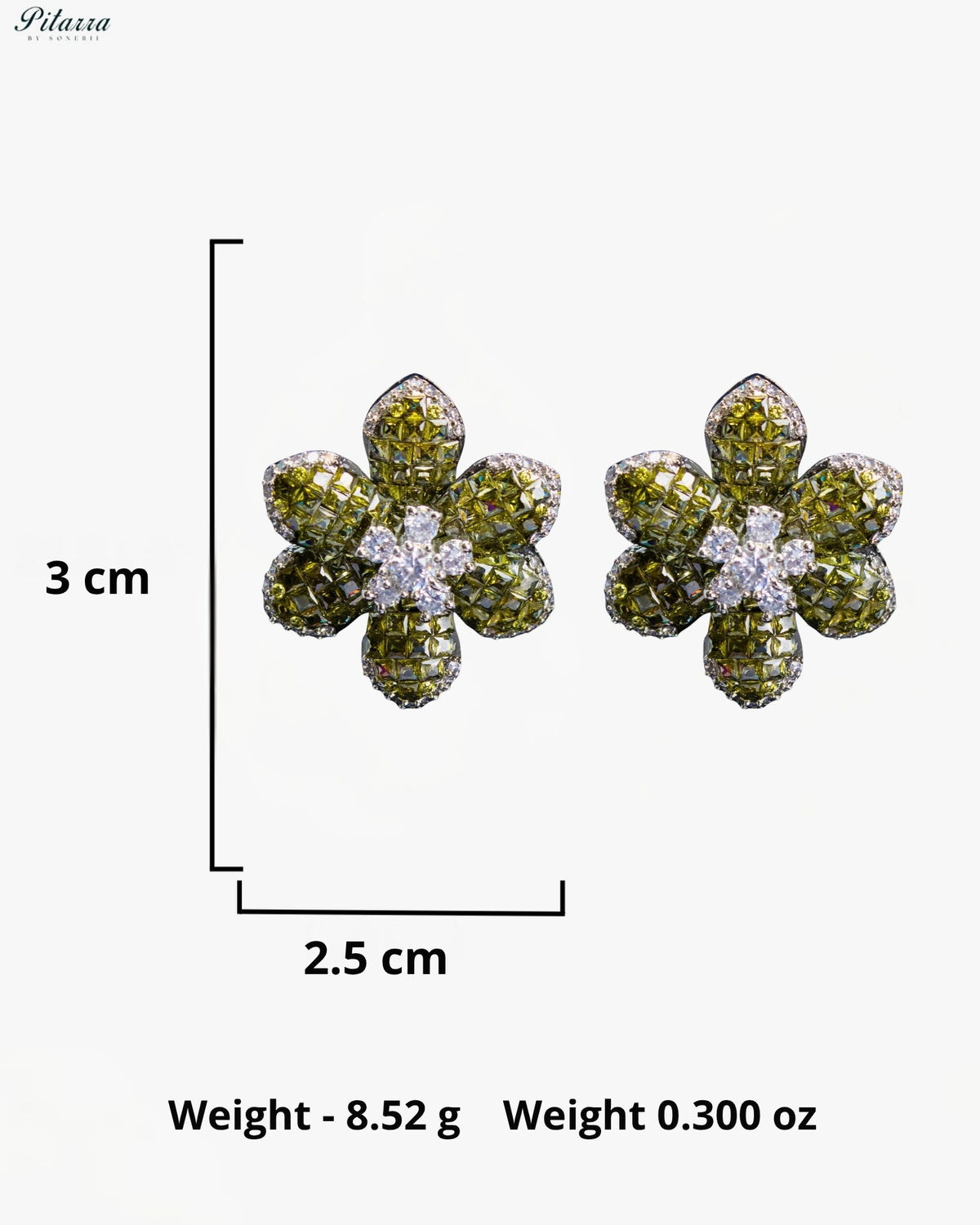 Olive Green Crystal Flower Stud Earrings
