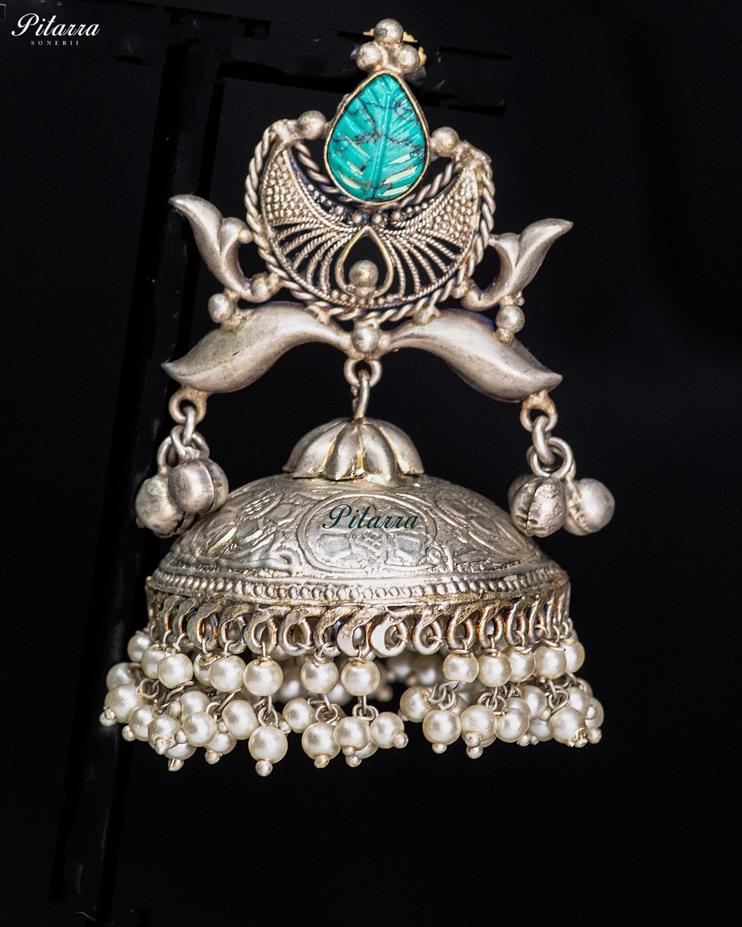 Turquoise Leaf Silver Look-Alike Pearl Jhumka Earrings