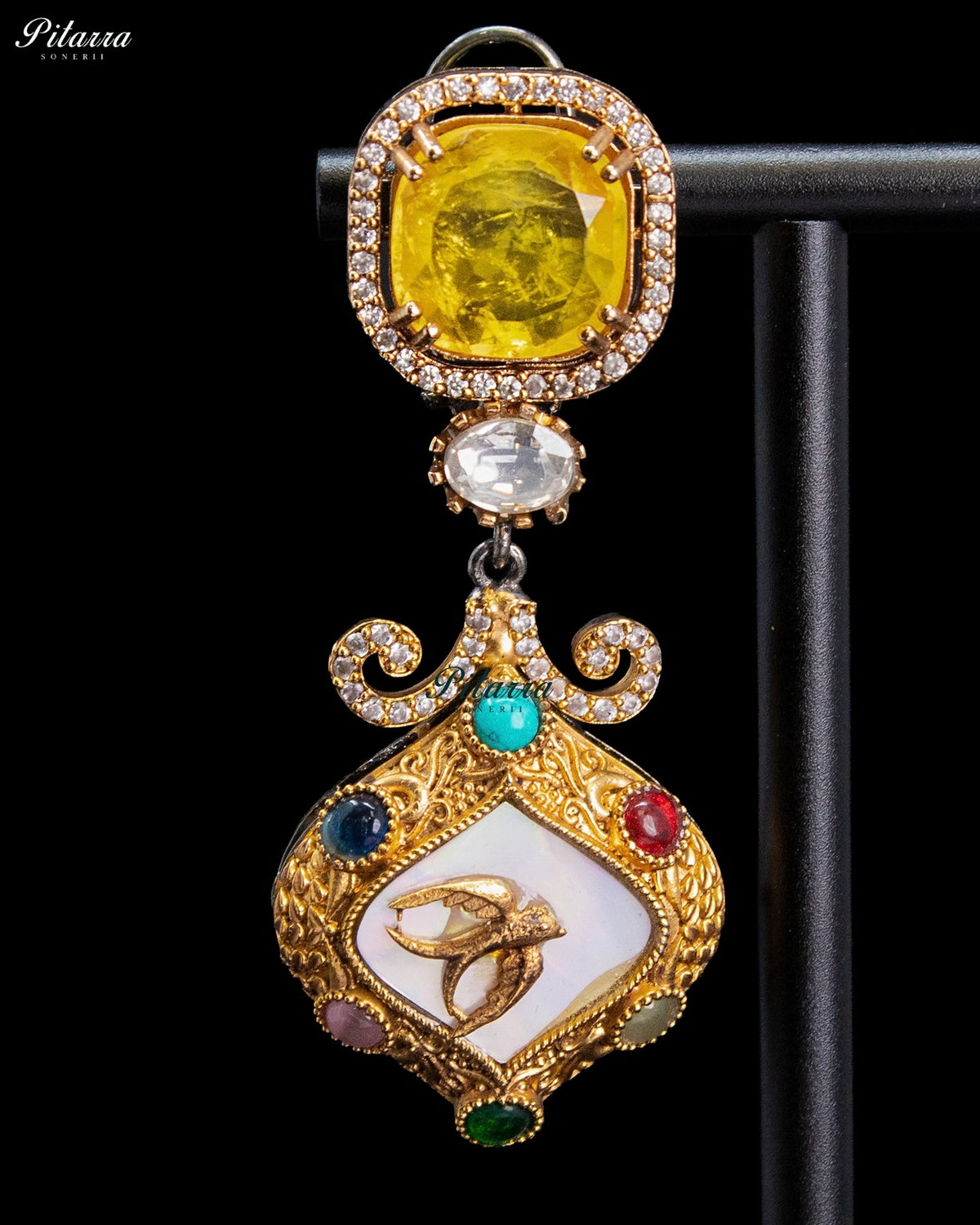 Yellow Crystal Kundan Style Gold Tone Multicolor Traditional Dangler Earrings