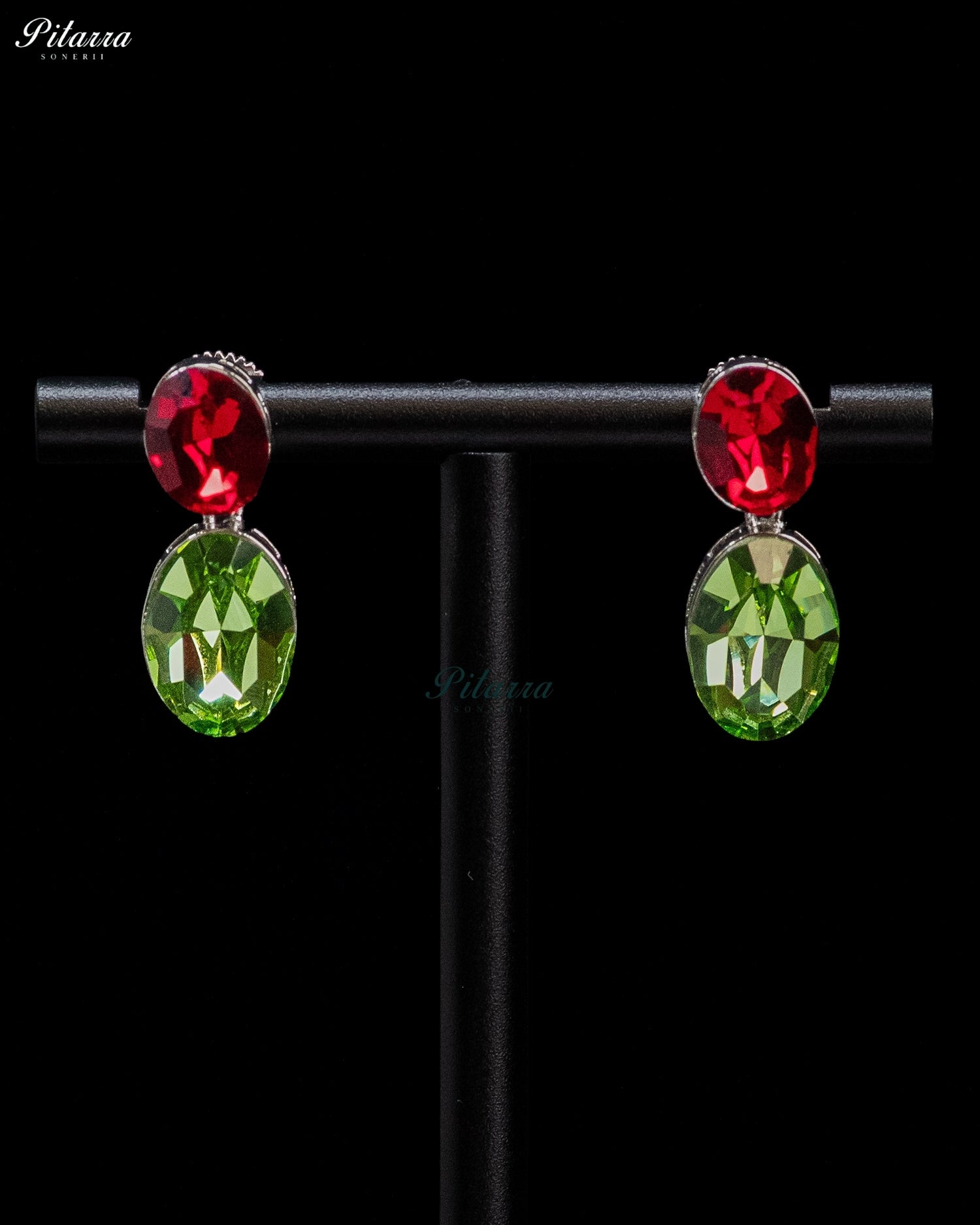 Ruby Red and Green Crystal Oval Drop Earrings
