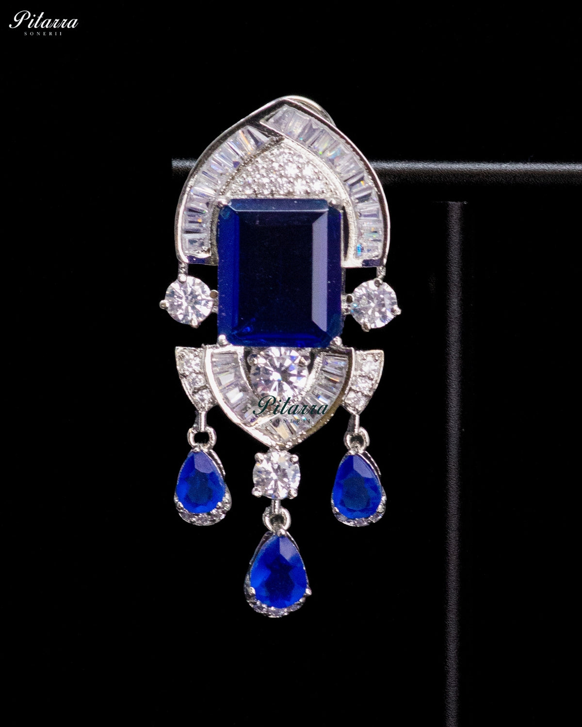 Royal Blue Emerald Cut Stone Zircon Silver Crystal Drop Necklace Set