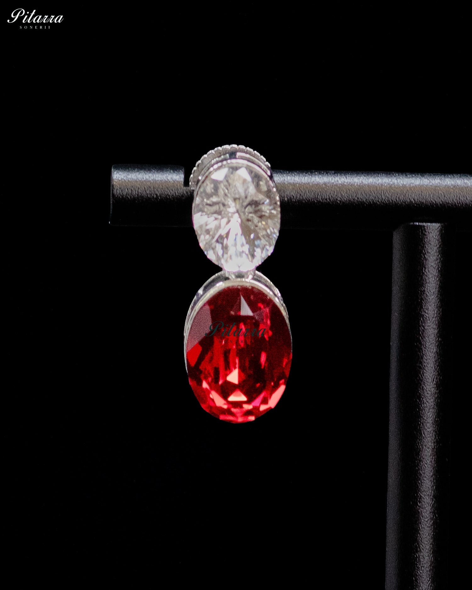 Ruby Red and White Crystal Oval Drop Earrings