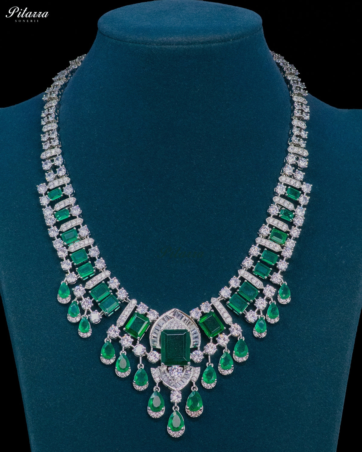 Emerald Green Emerald Cut Stone Zircon Silver Crystal Drop Necklace Set