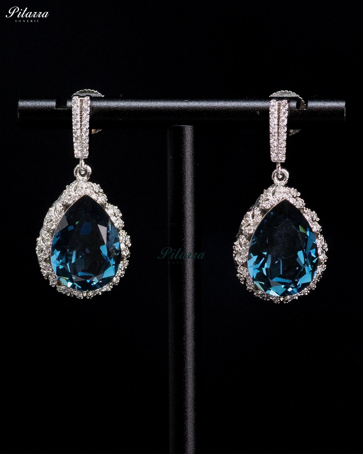 Deep Blue Pear-Cut Crystal Halo Drop Earrings