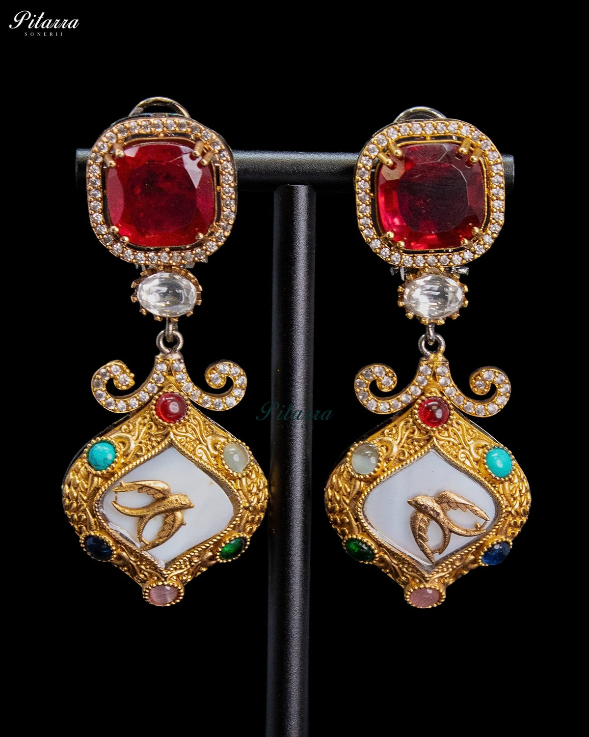 Ruby Red Crystal Kundan Style Gold Tone Ethnic Designer Dangler Earrings