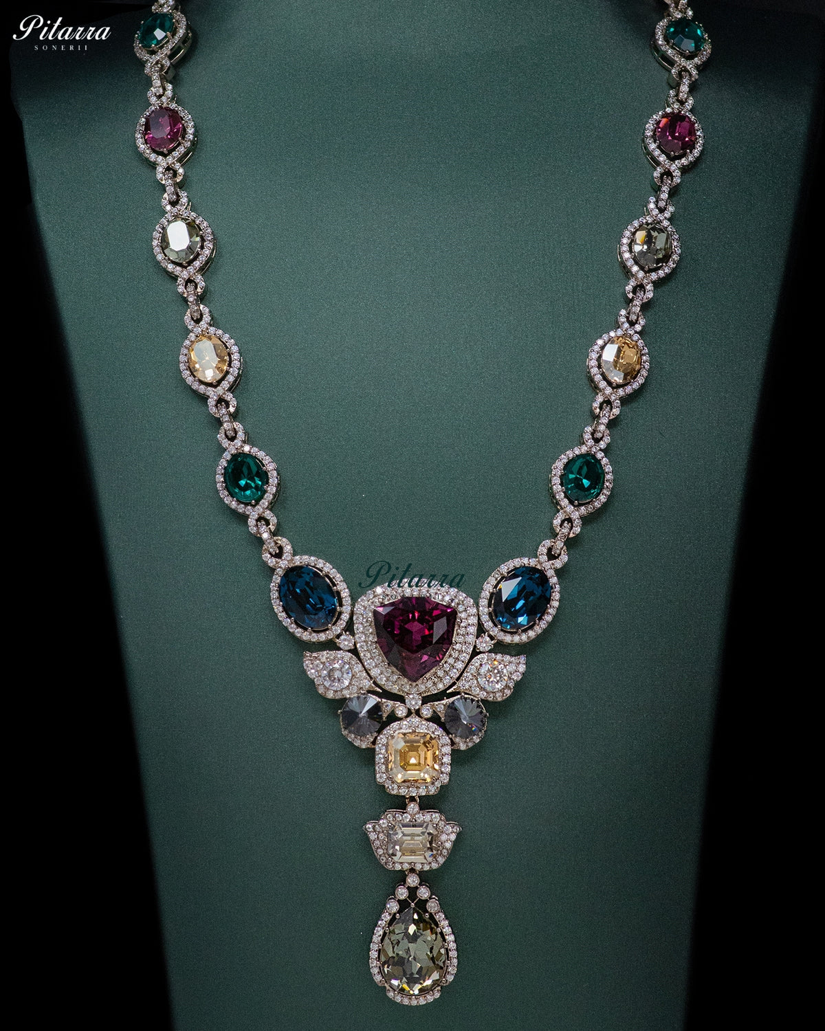 Multicolor Finish Ruby Red Crystal Long Necklace Set
