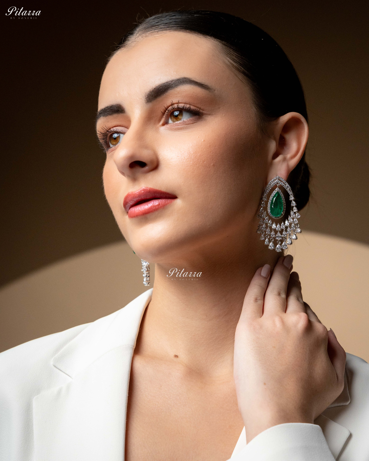Emerald Stone Silver CZ Dangle Earrings