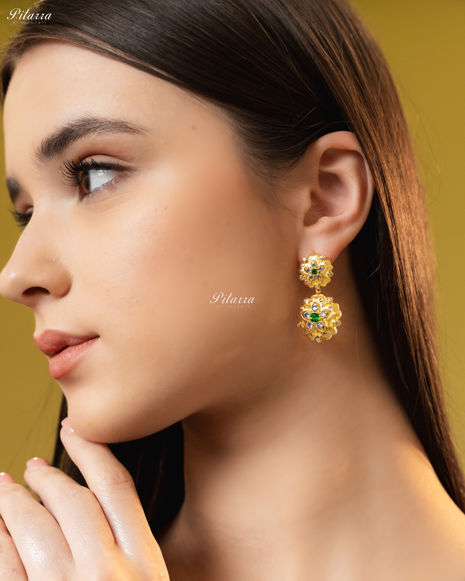 Gold Floral Green Stone 92.5 Silver Dangler Earrings