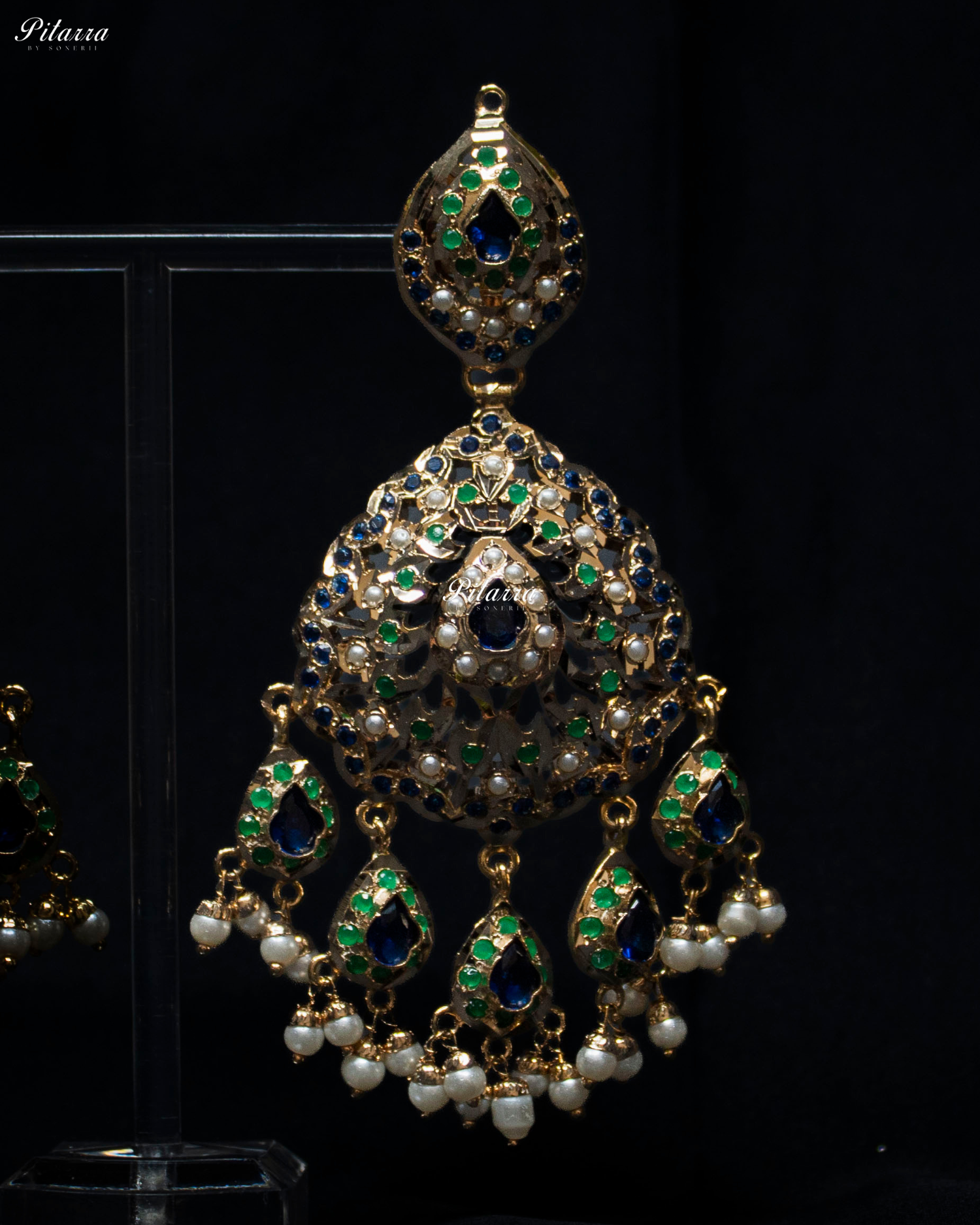 Emerald Blue Studed Stone Handcrafted Chandbali Earrings