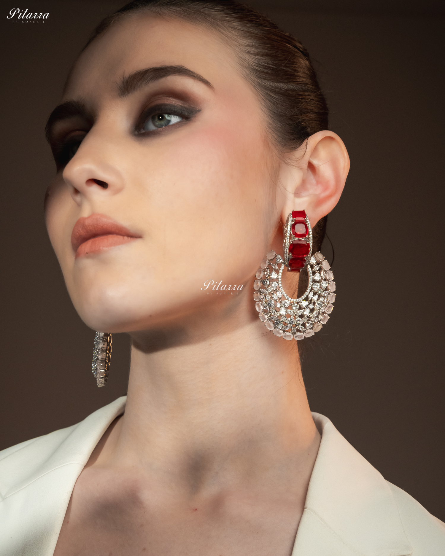 Red Stone White and pink Layer Cubic Zirconia Dangler Earrings