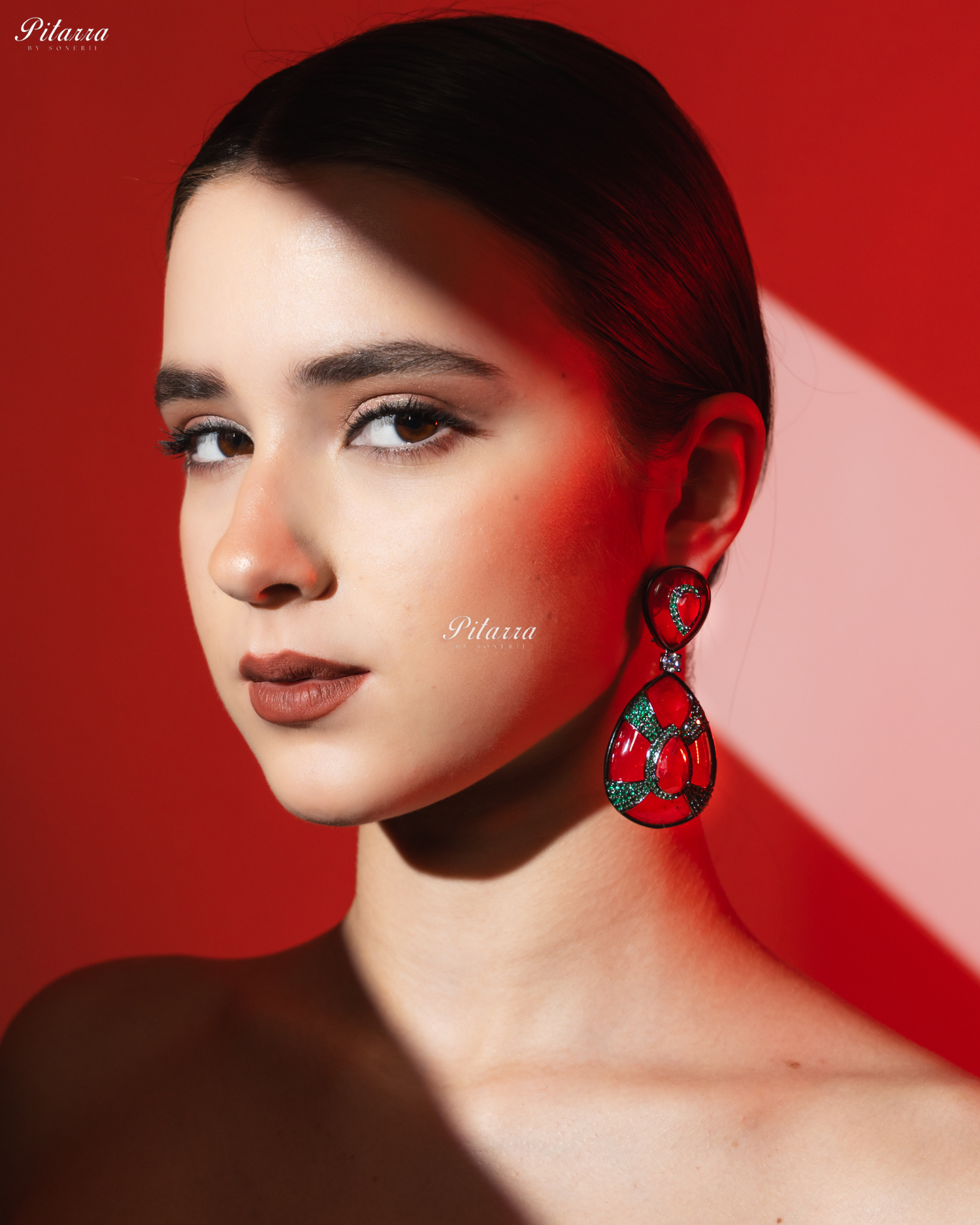 Red Stone Red Drop Emerald Line Crystal Dangler Earrings