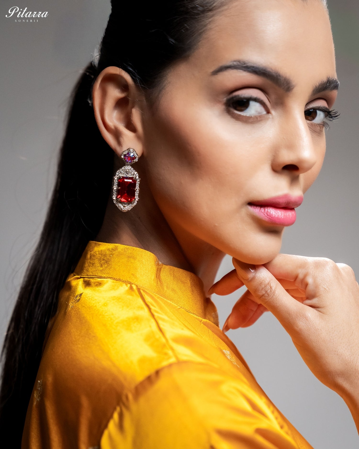 Red Emerald Cut Diamond Halo Statement Drop Earrings