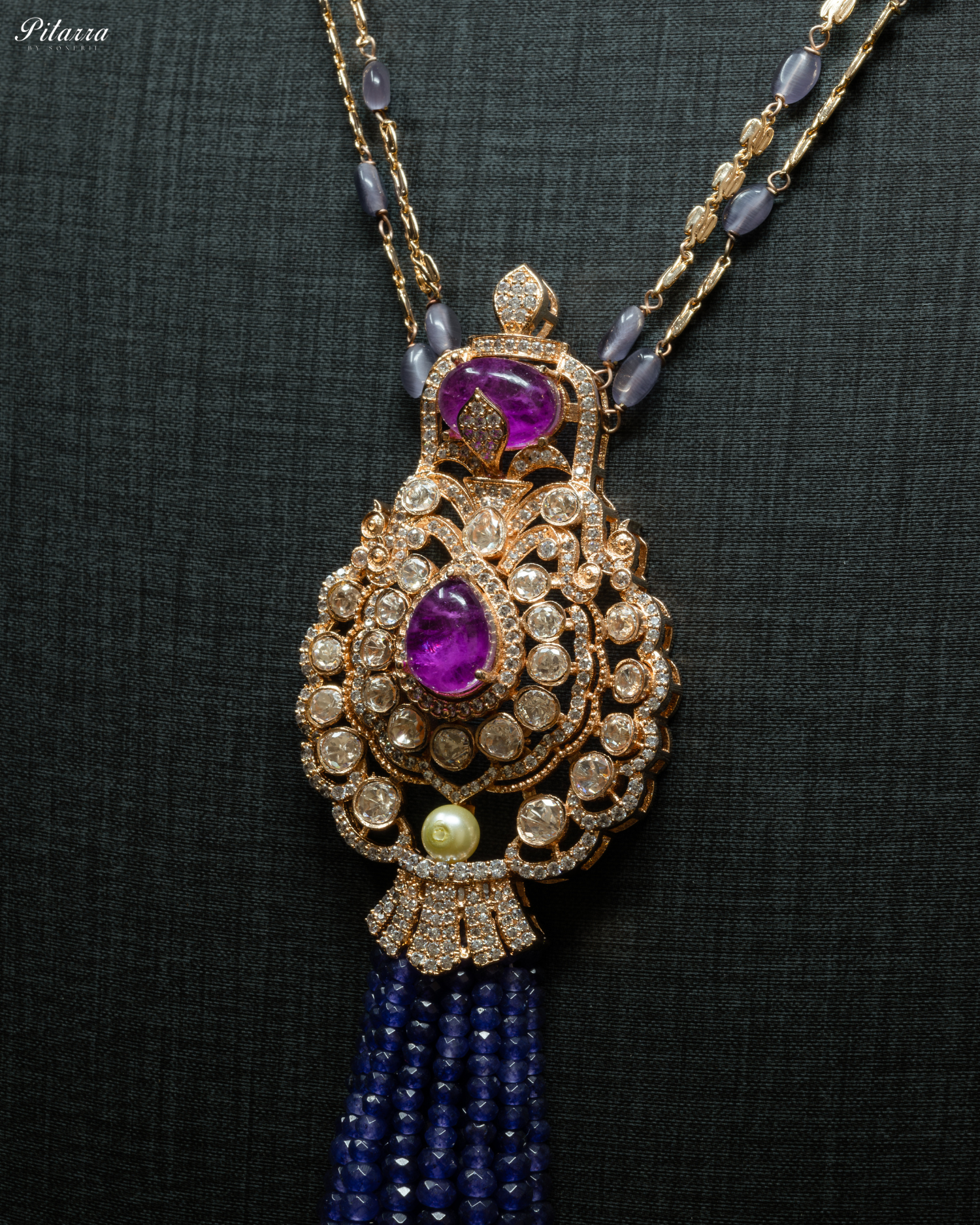 Long Blue Beads Kundan Necklace Set