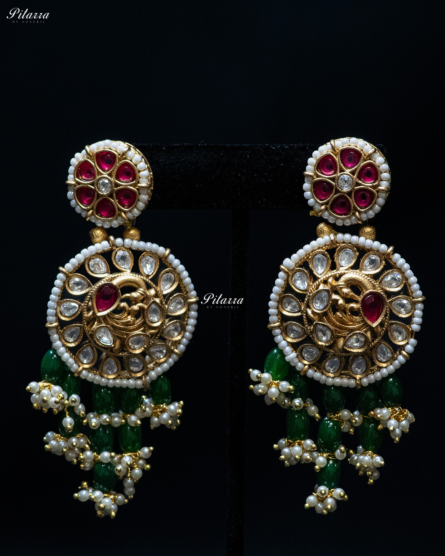 Golden Peacock Motifs Multi Strand Green Bead Necklace Set