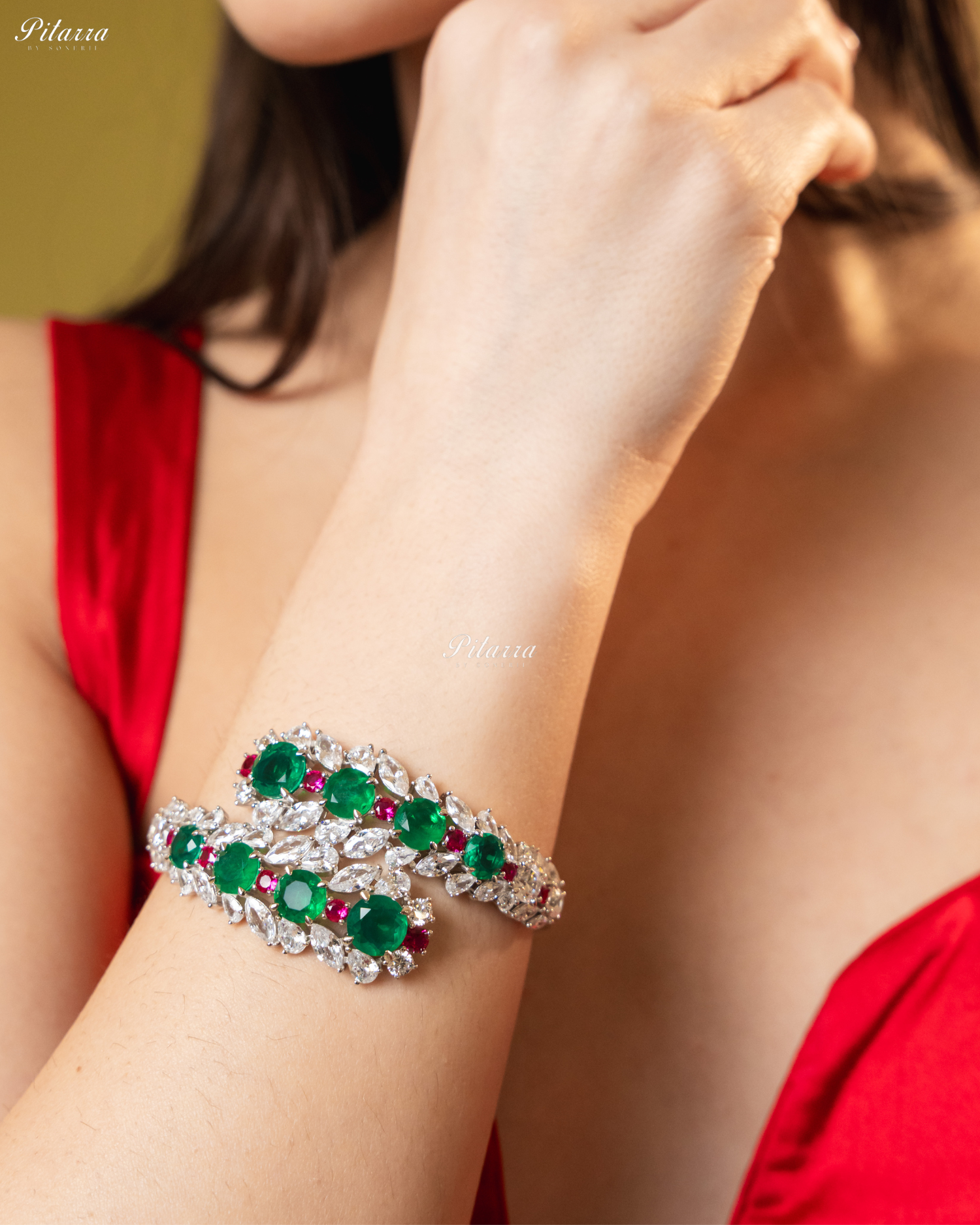 Emerald Stone Floral Zircon 92.5 Silver Bracelet