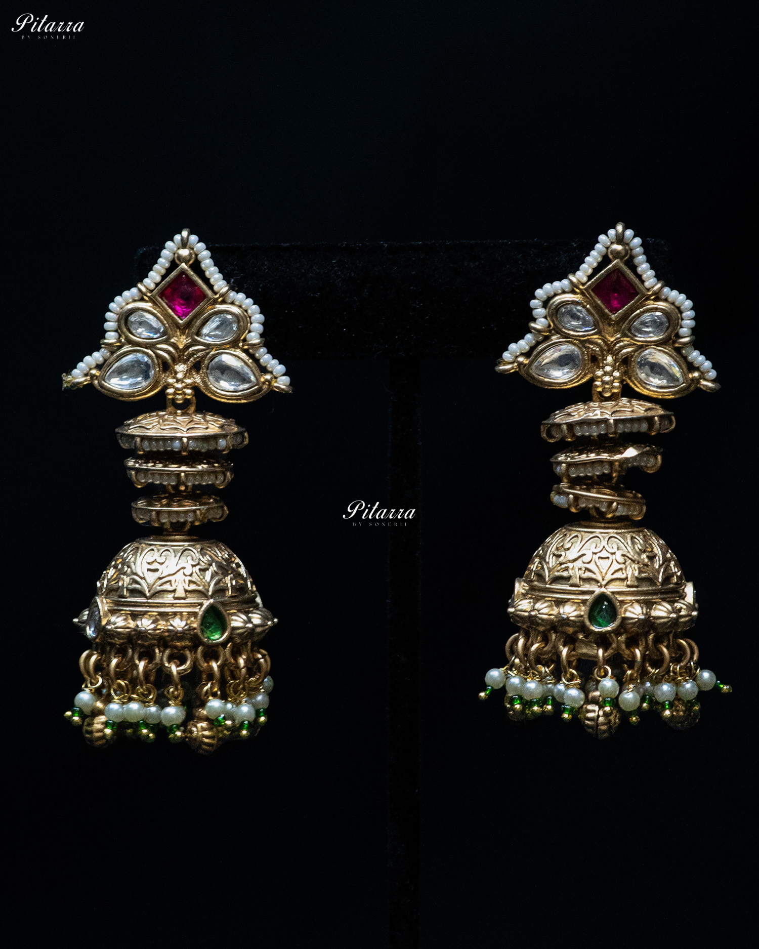 Pink Stone Gold Finish White Pearl Kundan Necklace Set