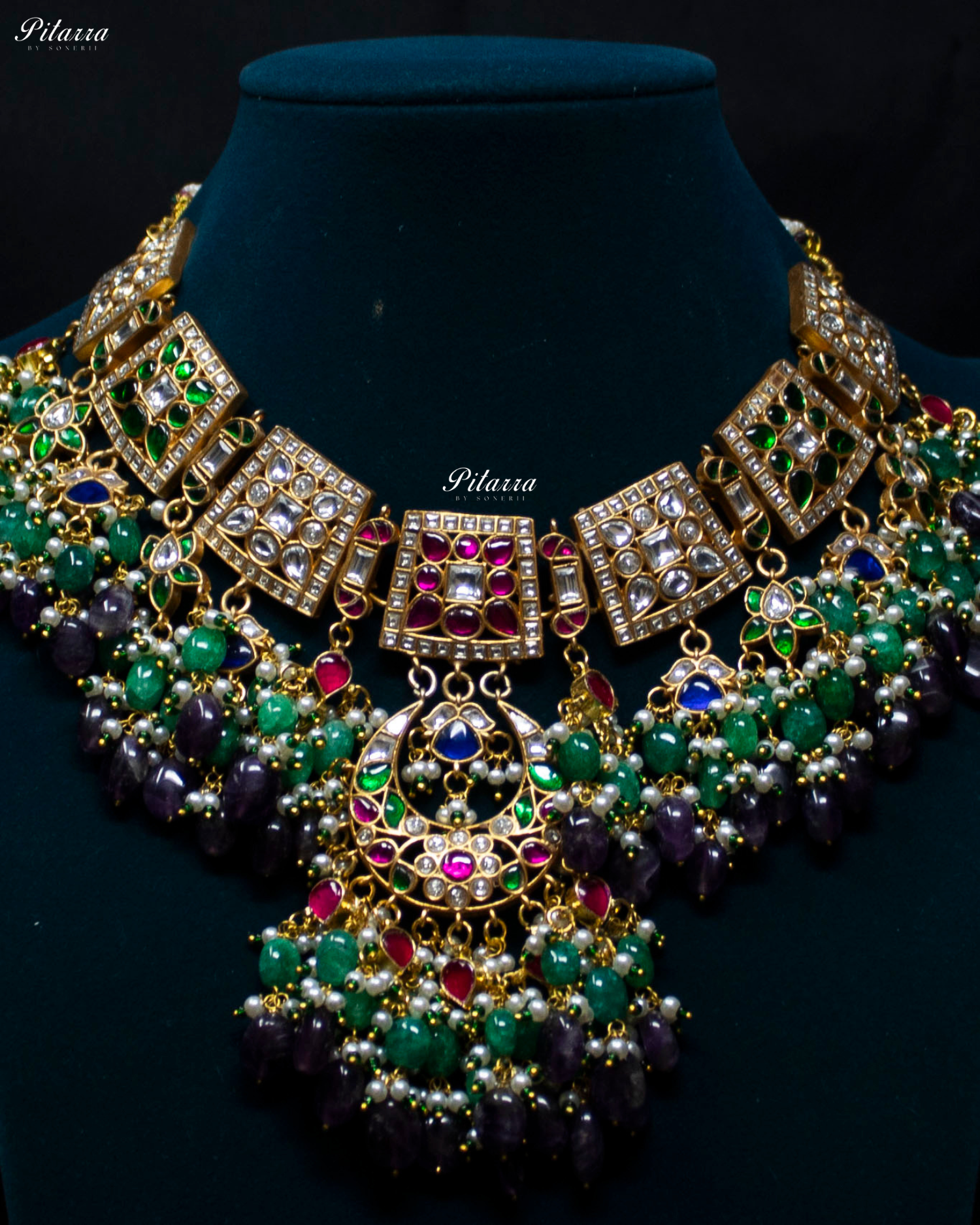 Multi Coloured Green Beads Exclusive Kundan Necklace Set