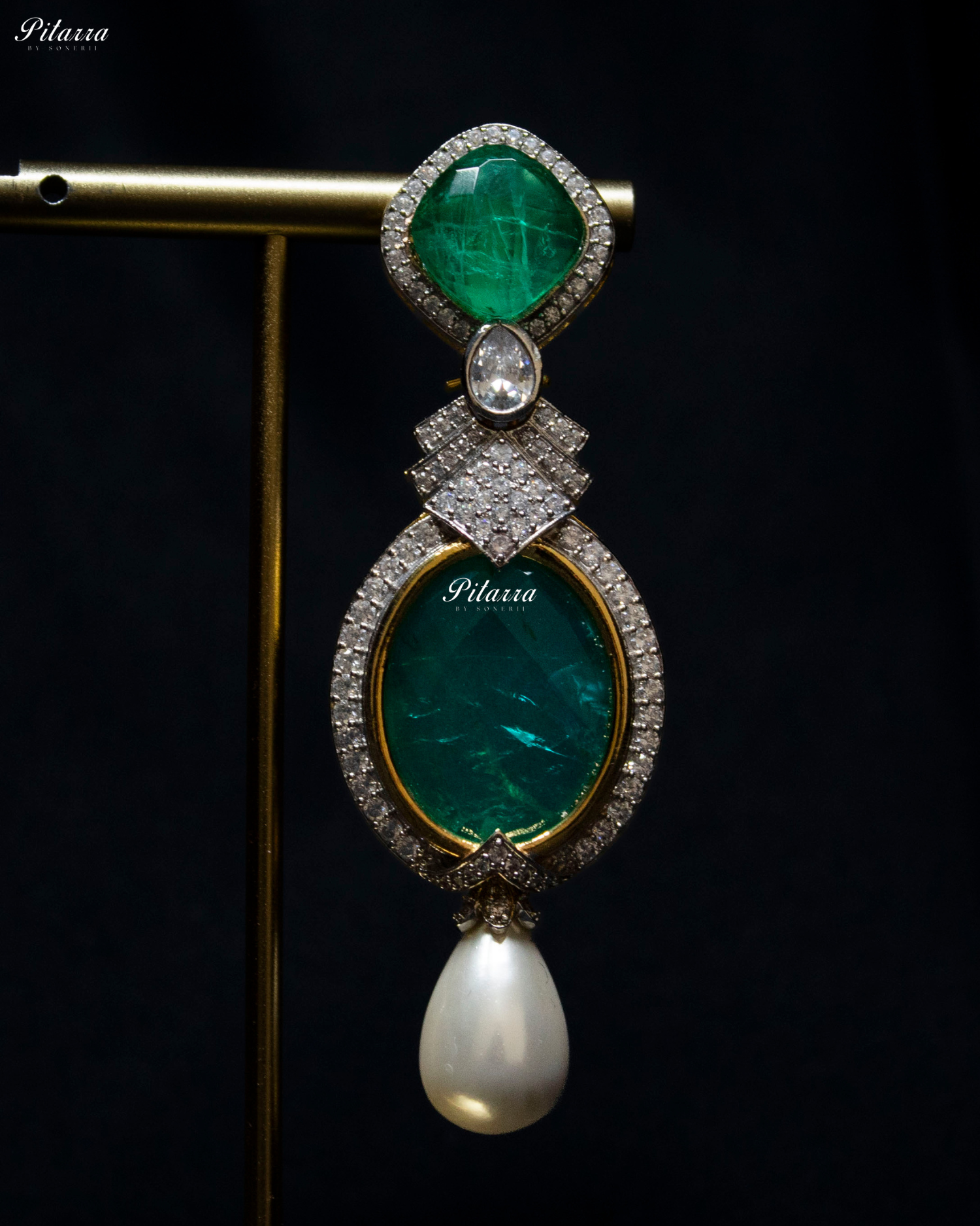 Green Pearl Stone Silver CZ Dangler Earrings