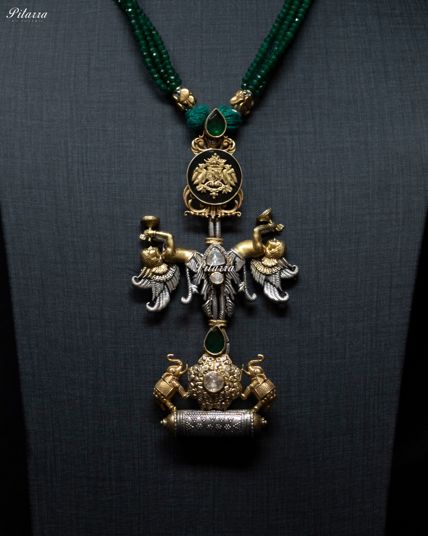 Cherub and Eelephant Figure Green Beads 92.5 Silver Necklace
