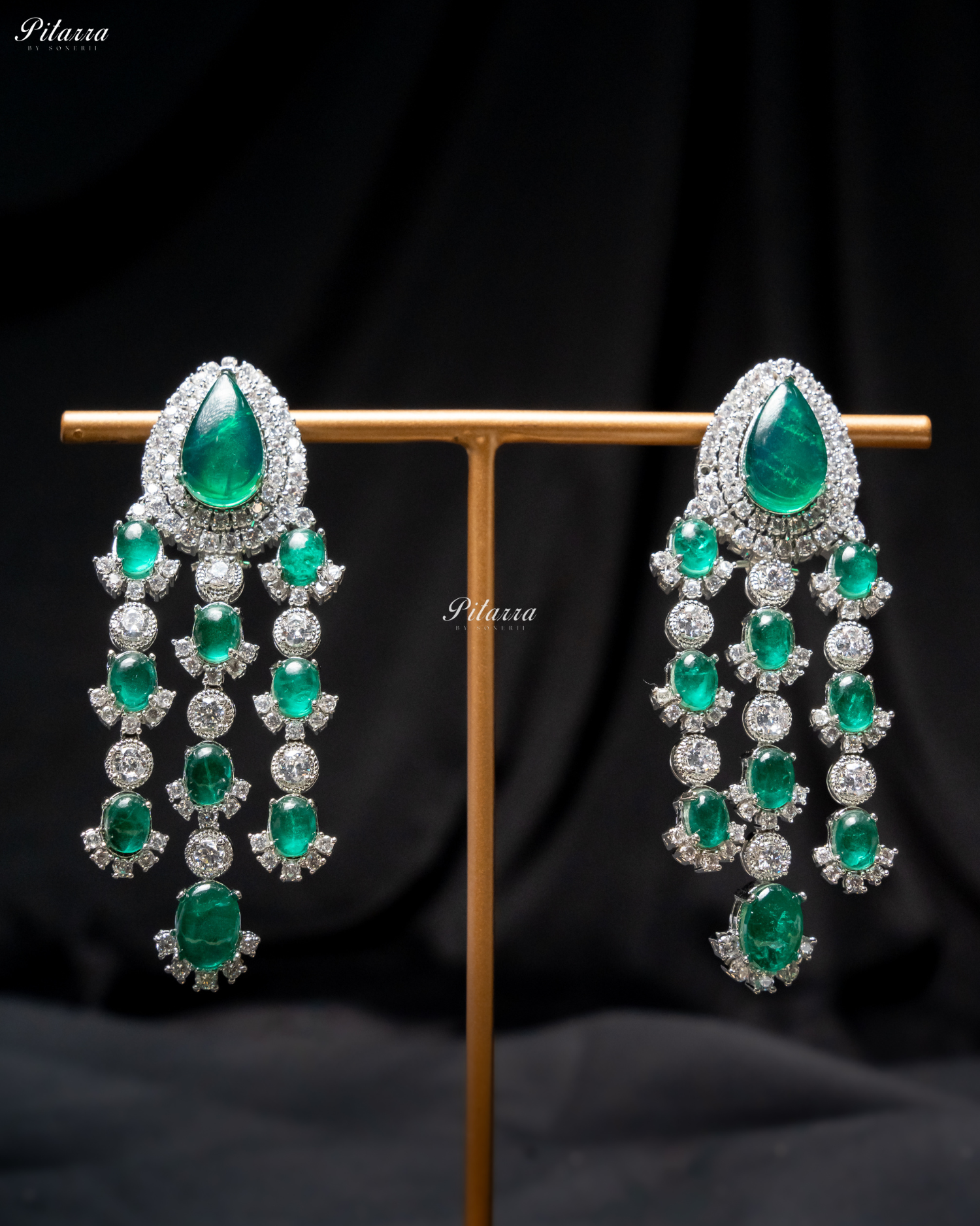 Emerald Stone Silver Multi Layer CZ Necklace Set