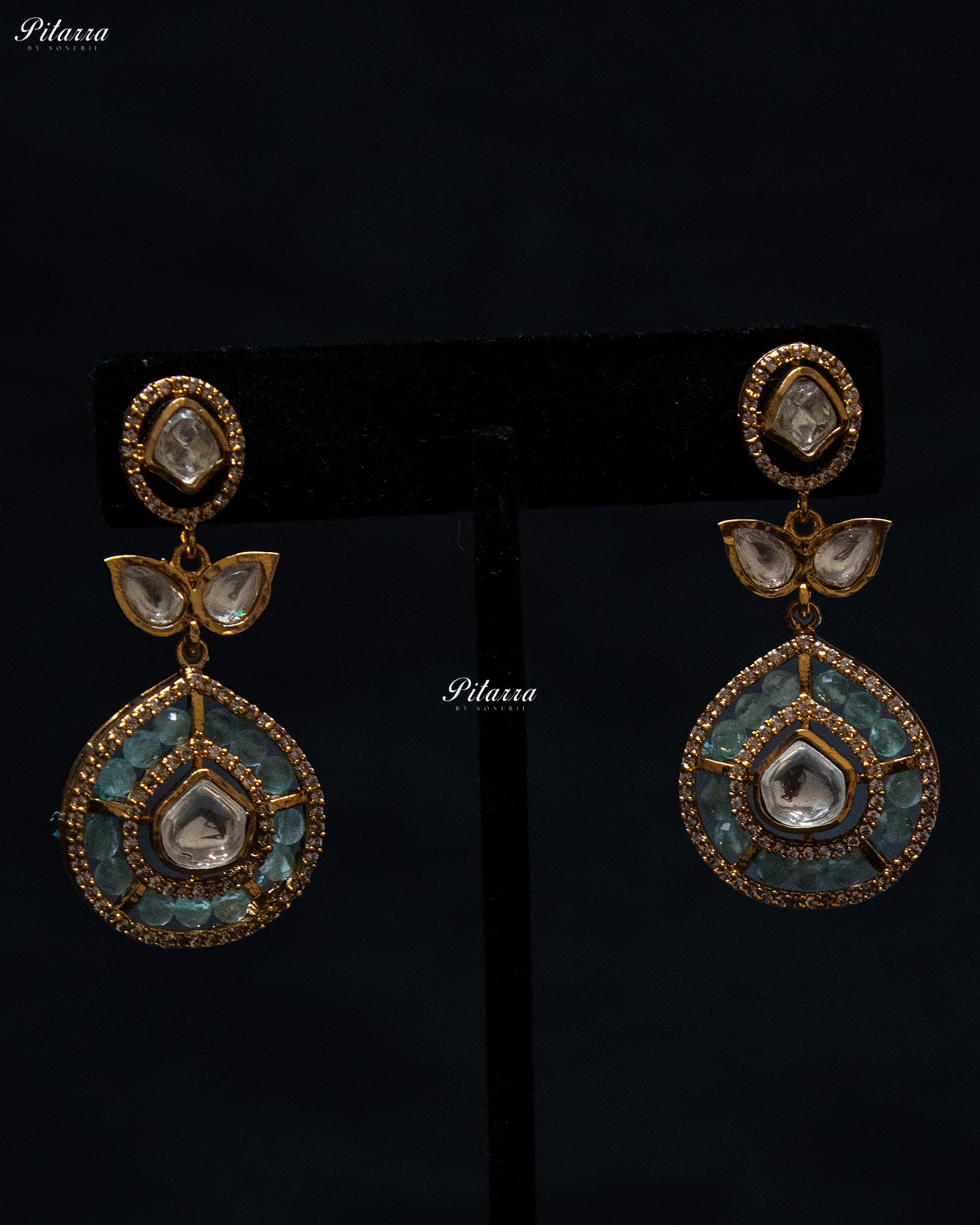 Sky Blue Crystals Teardrop Gold Plated Kundan Necklace Set