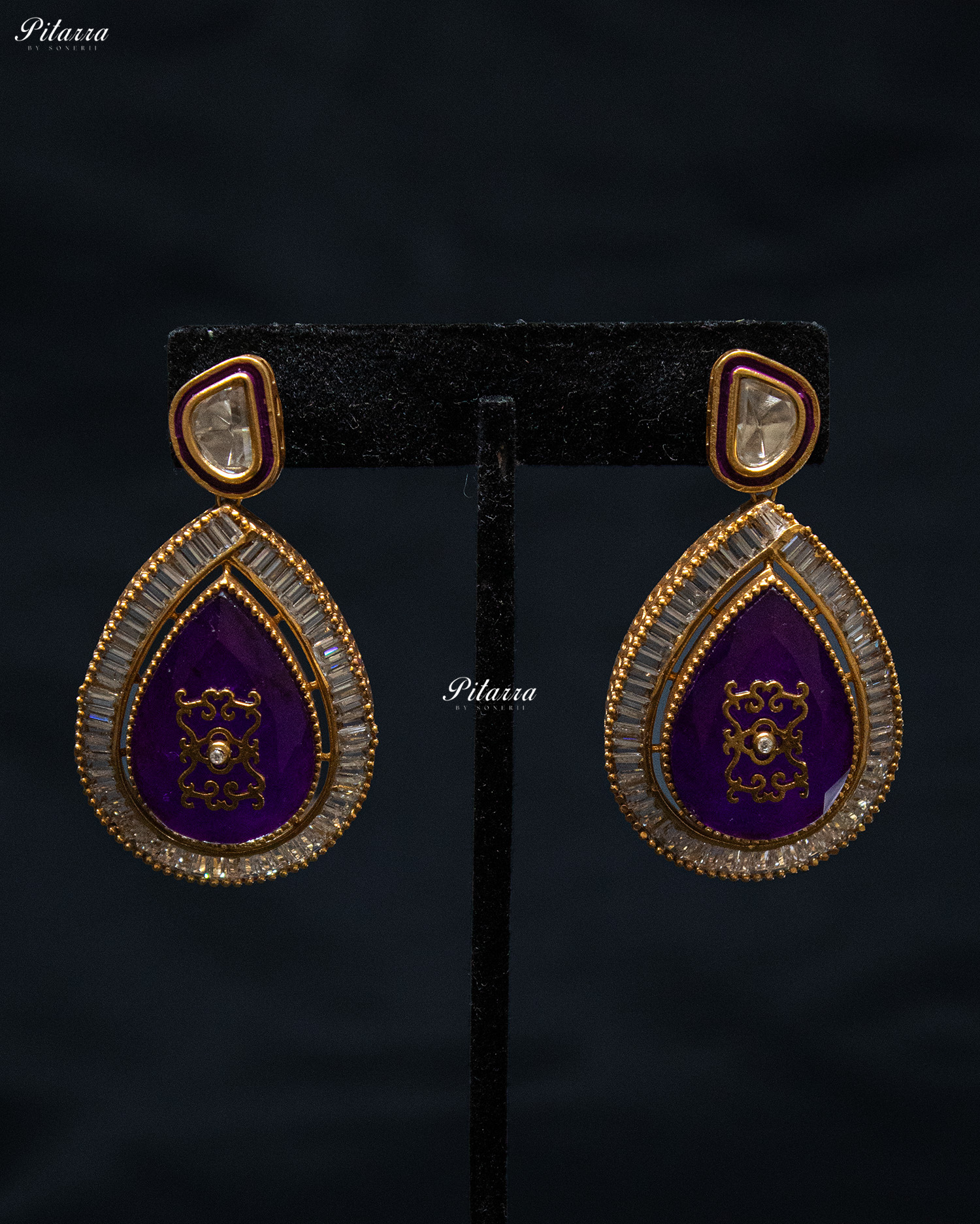 Big Purple Teardrop Gold Plated Kundan Necklace Set