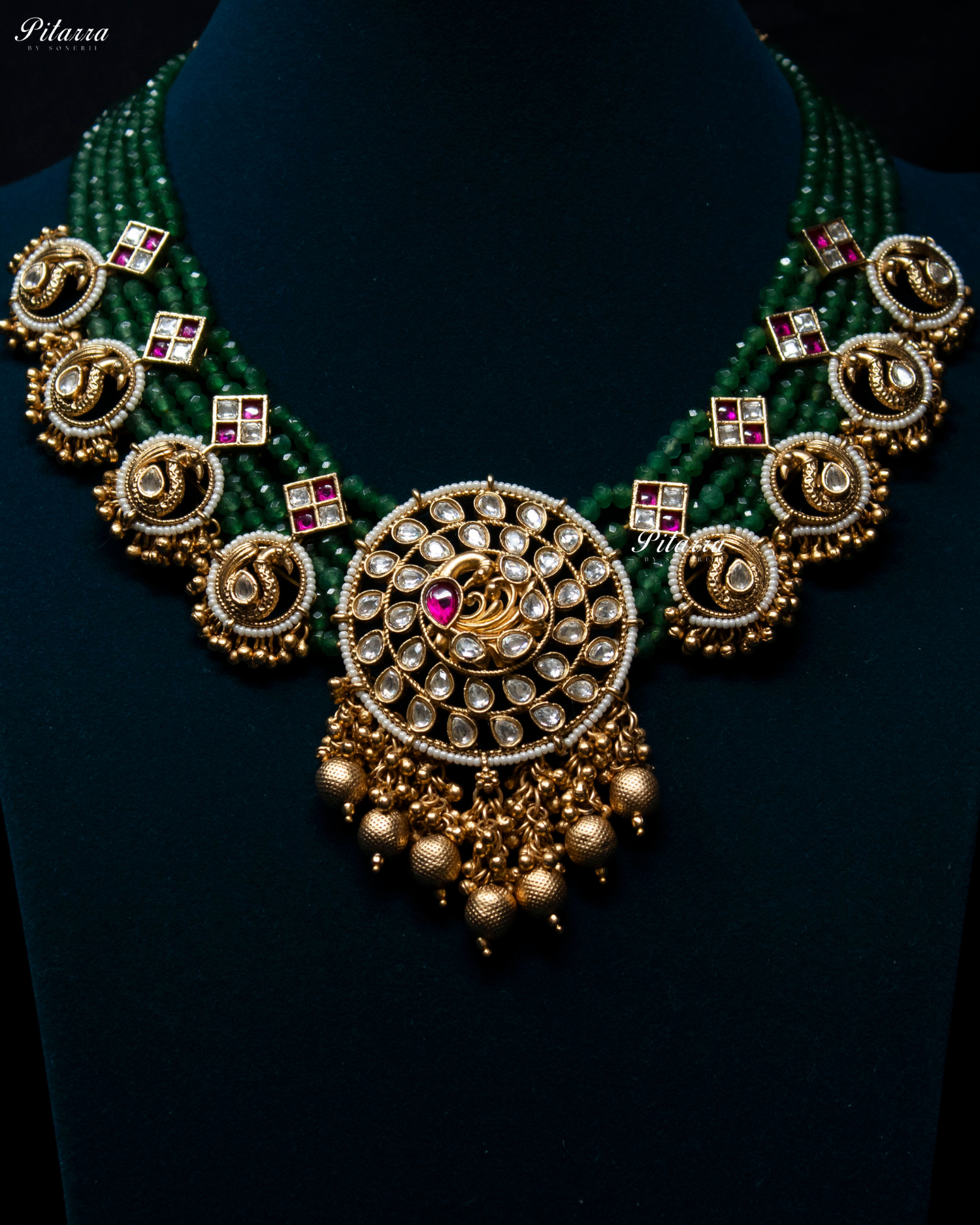 Bird Motif Pendant Dark Green Beads Kundan Necklace Set