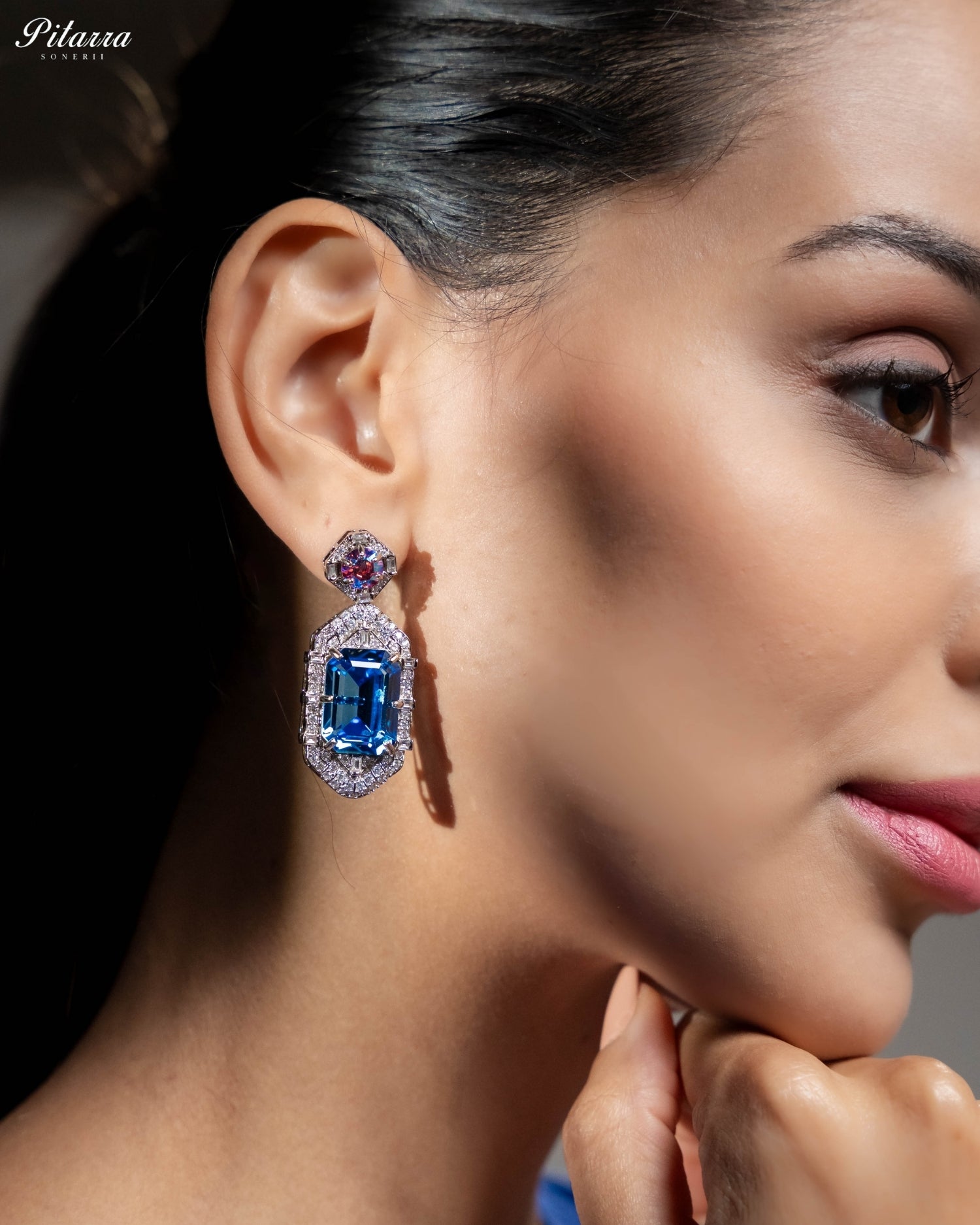 Blue Emerald Cut Diamond Halo Statement Drop Earrings