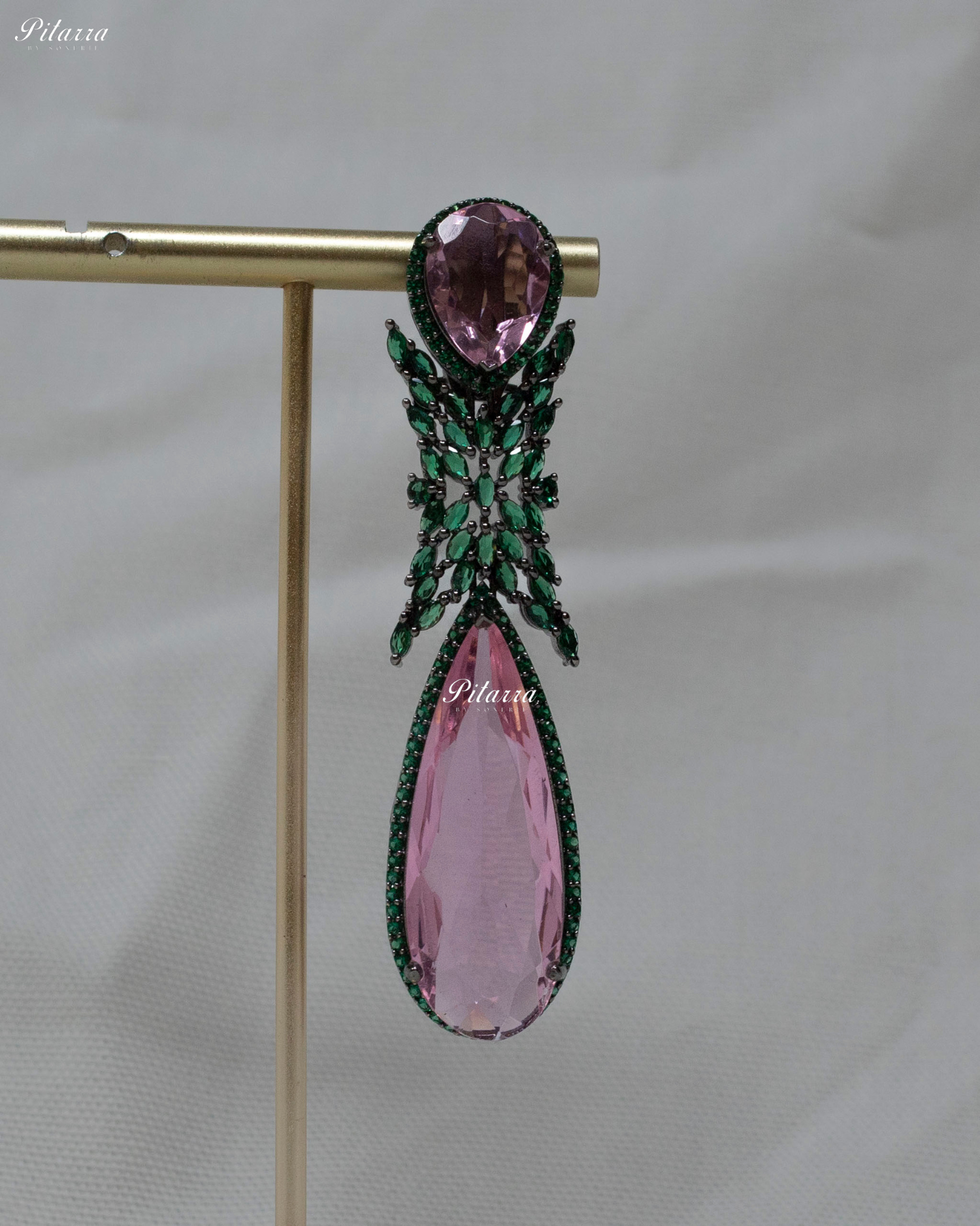 Pink Stone Green Finish Contemporary Drop Earrings