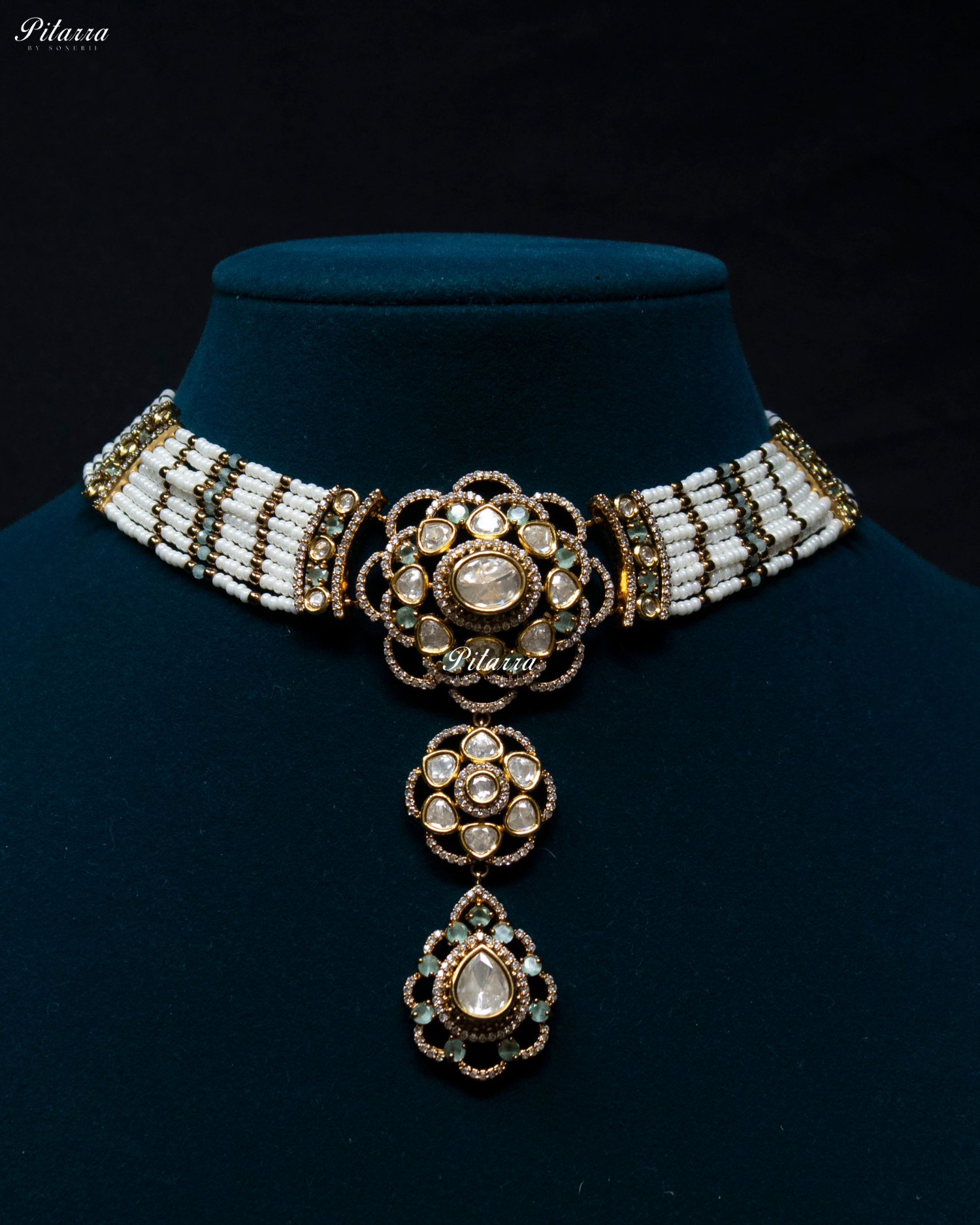 Green Stone Multi Strand Pearl Kundan Choker Set