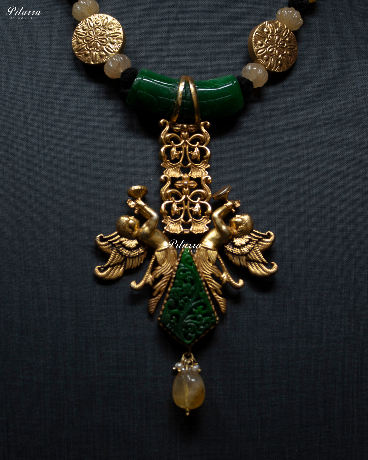 Cherub Figure Golden Beads 92.5 Silver Necklace