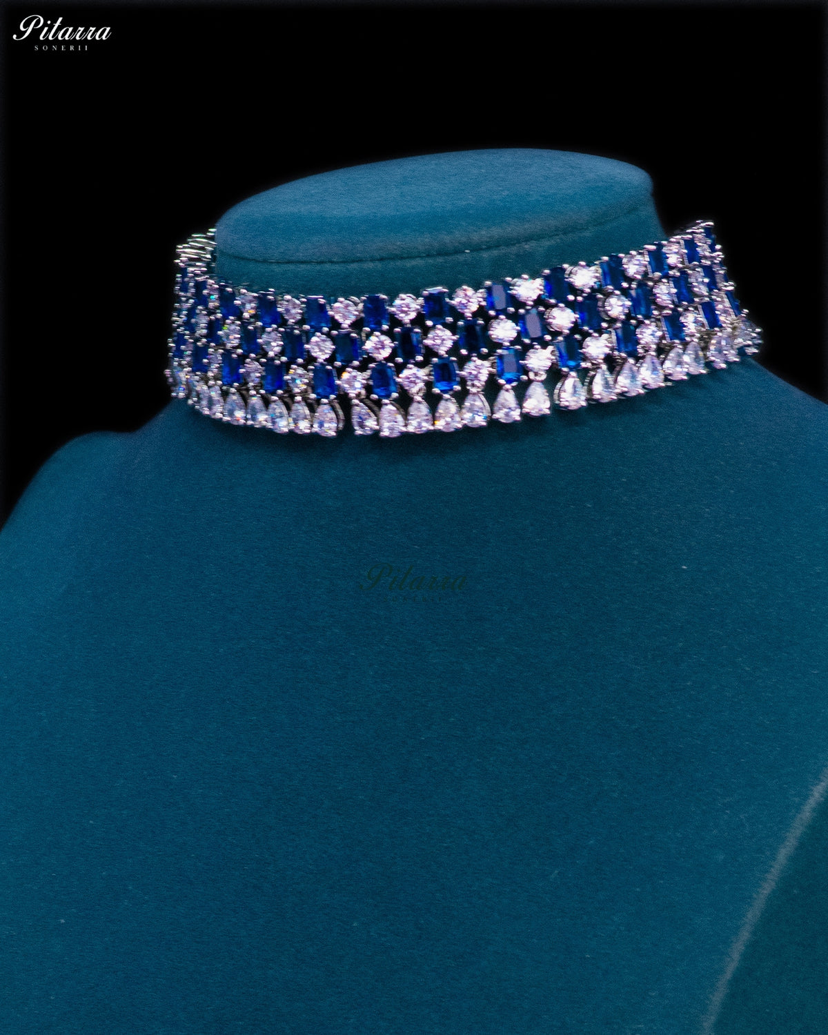Royal Blue Emerald Cut Stone Zircon Silver Crystal Choker Necklace Set