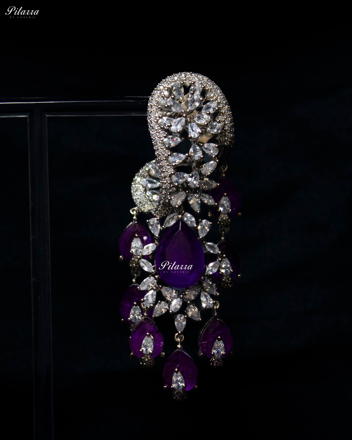 Purple Silver Polish CZ Crystal Dangler Earrings
