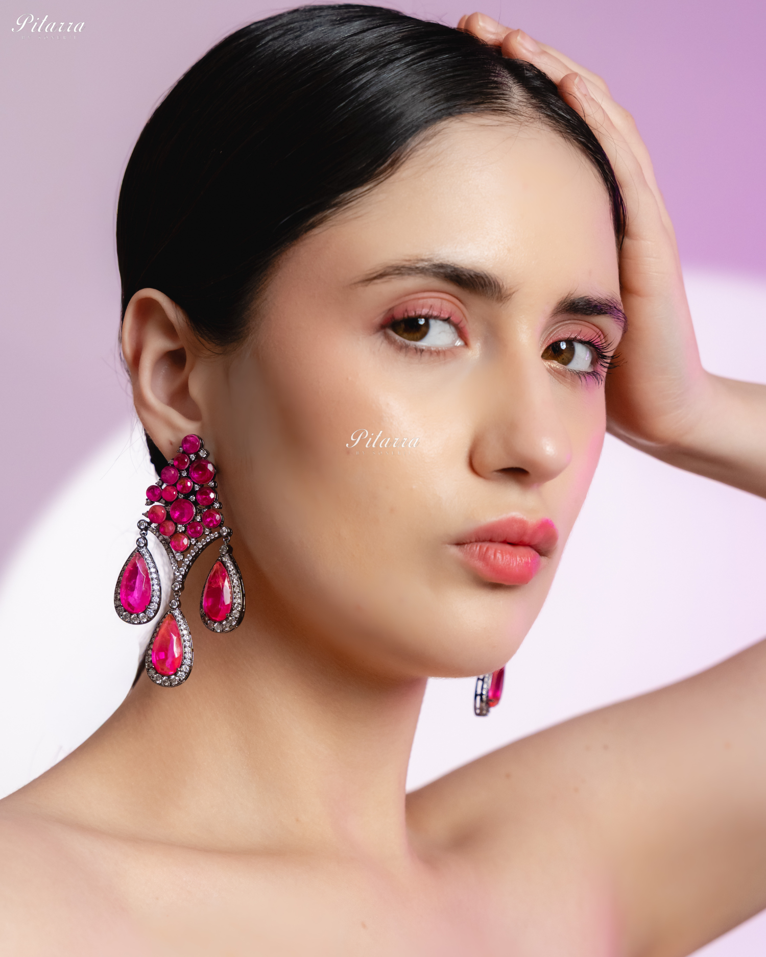 Pink Stone Three Teardrop Silver Finish CZ Crystal Dangler Earrings